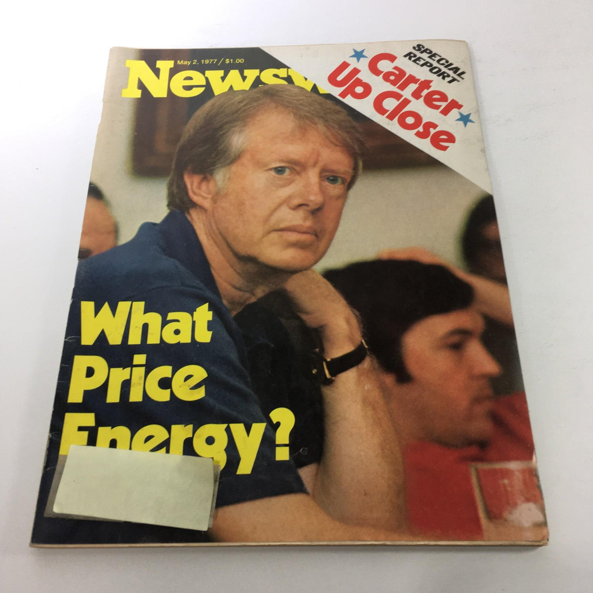 Cover of Newsweek Magazine from May 2, 1977, titled 'Carter Up Close & What Price Energy?' featuring a close-up image of Jimmy Carter looking thoughtful, with the headline prominently displayed in yellow text.
