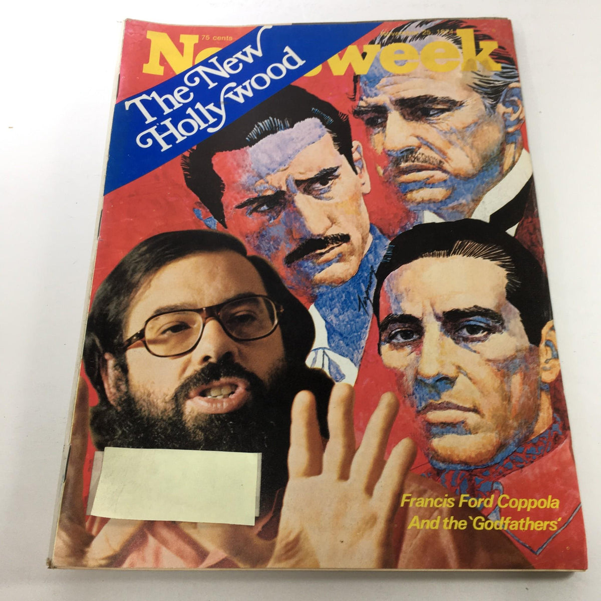 Cover of the Newsweek Magazine dated November 25, 1974, featuring Francis Ford Coppola and characters from 'The Godfather.' The magazine showcases vibrant artwork and highlights the theme of 'The New Hollywood' alongside insights into Coppola's filmmaking.
