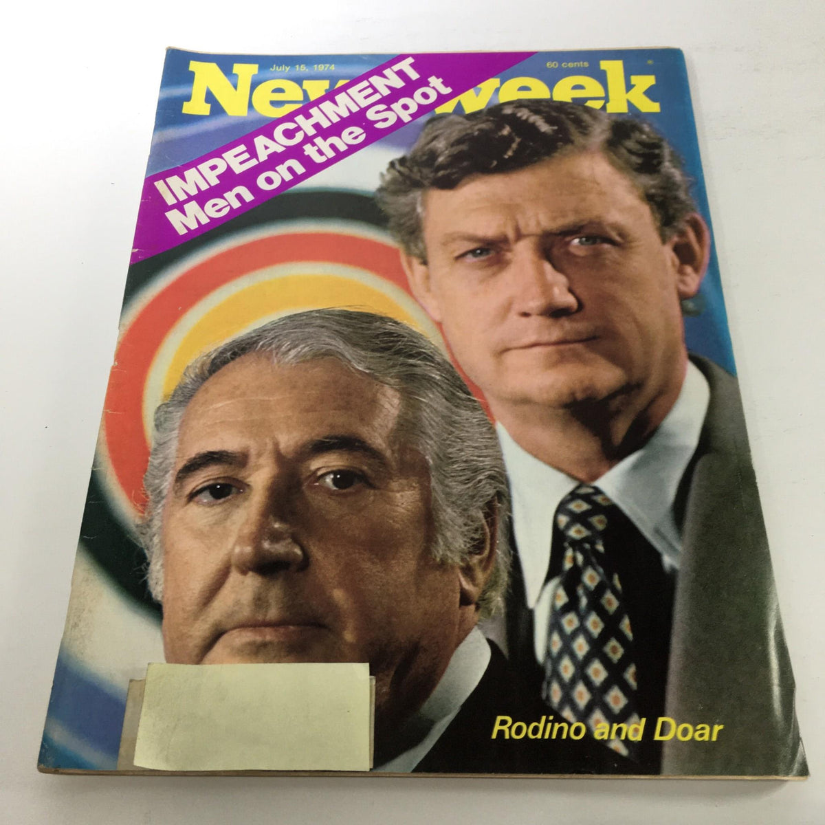 Cover of Newsweek Magazine from July 15, 1974 featuring the title 'Impeachment Men on the Spot: Rodino and Doar'. The magazine shows a close-up of two men, with one in the foreground and the other in the background, capturing a significant moment in U.S. political history during the Watergate scandal.