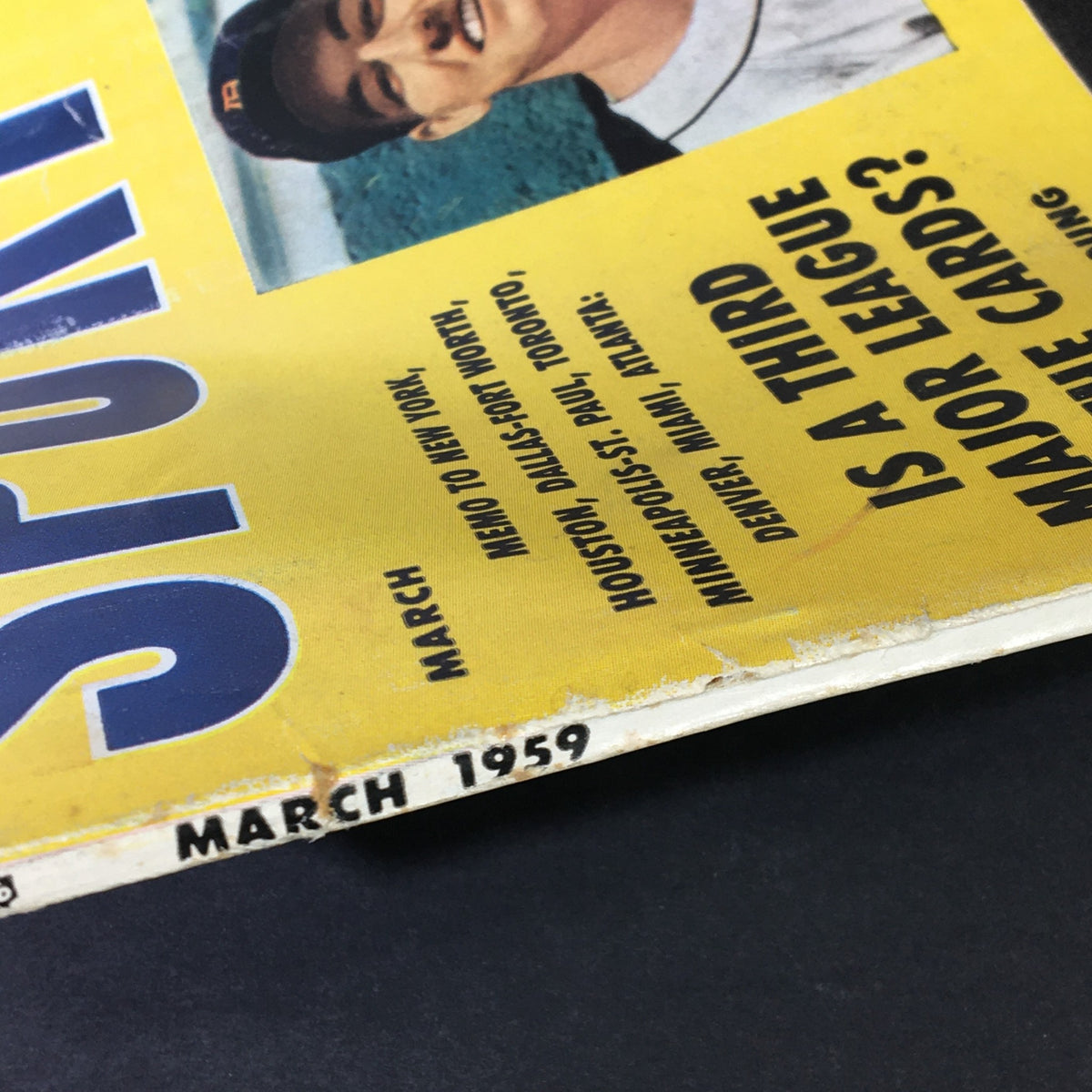 Close-up of the spine of VTG Sport Magazine March 1959 showing the publication title and date.