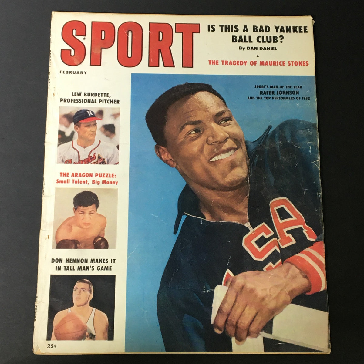 Cover of Sport Magazine February 1959 featuring Rafer Johnson, Lew Burdette, and Don Hennon. Highlights the title 'Sport' with a prominent image of Rafer Johnson.