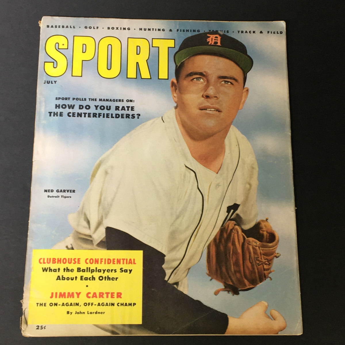 VTG Sport Magazine July 1955 featuring Detroit Tigers player Ned Garver on the cover with a baseball glove, highlighting mid-20th century sports culture.