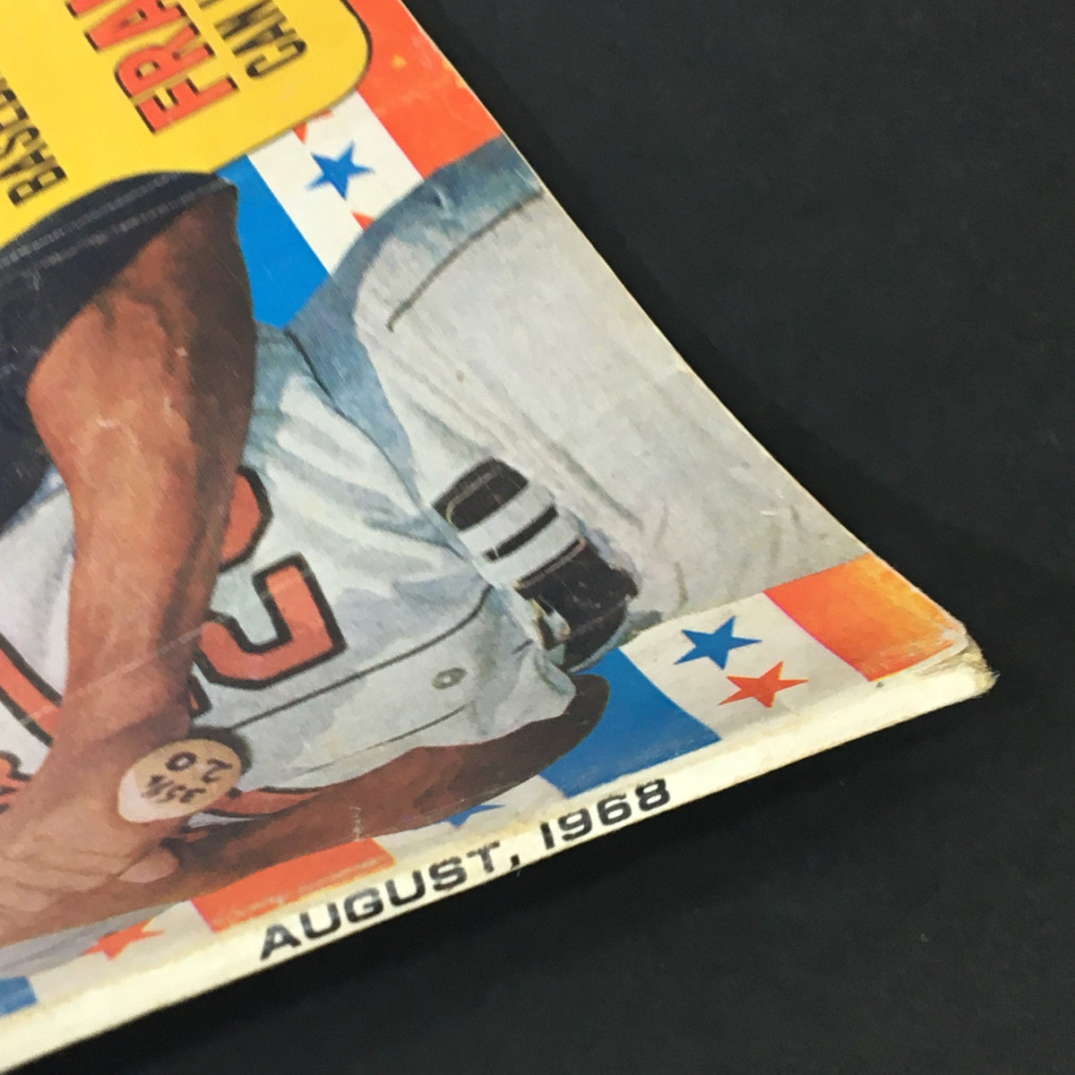 Close-up of the VTG Sport World Magazine from August 1968, highlighting the month and year of publication along with a detailed view of the cover featuring baseball icons.