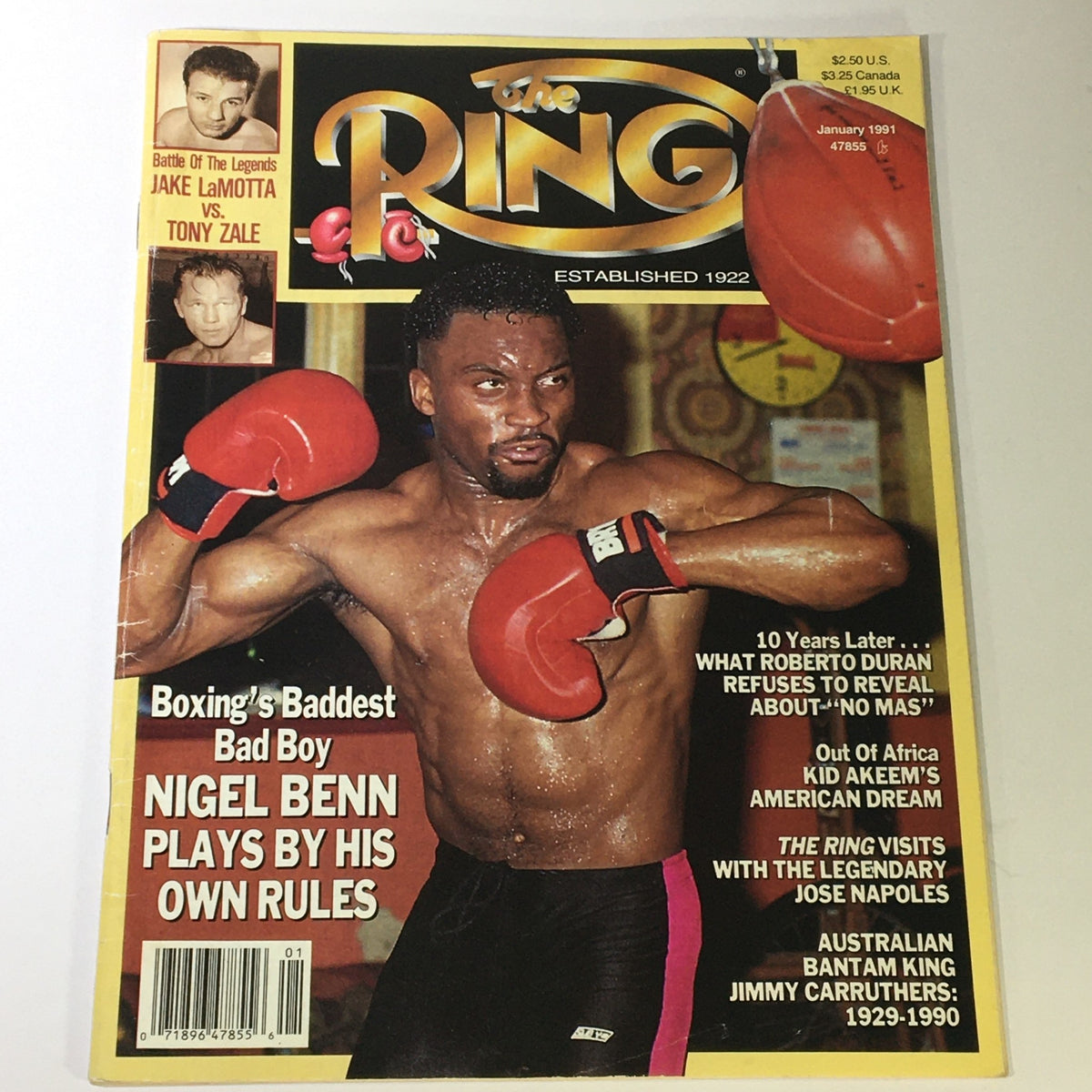 The Ring Magazine January 1991 cover featuring boxing champion Nigel Benn in action, with article highlights including Jake LaMotta vs. Tony Zale, and a focus on Benn's unique boxing style.