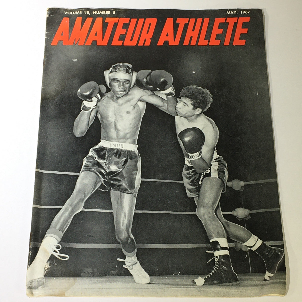Cover of VTG Amateur Athlete Magazine May 1967 featuring boxing match image with two athletes in action, Volume 38 Number 5.
