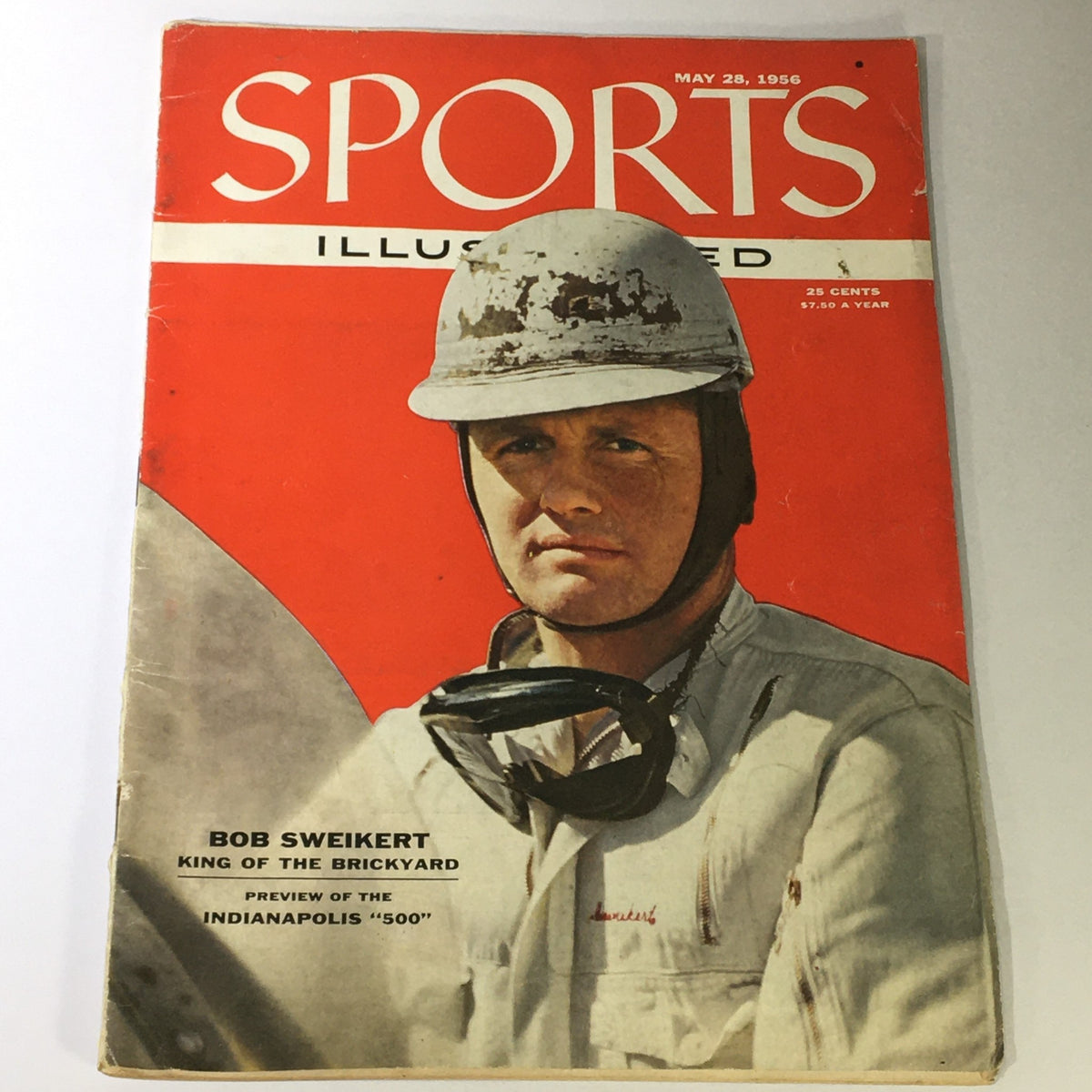 Vintage Sports Illustrated Magazine cover from May 25, 1956, featuring racer Bob Sweikert, highlighting his title as 'King of the Brickyard' and preview of the Indianapolis '500'.