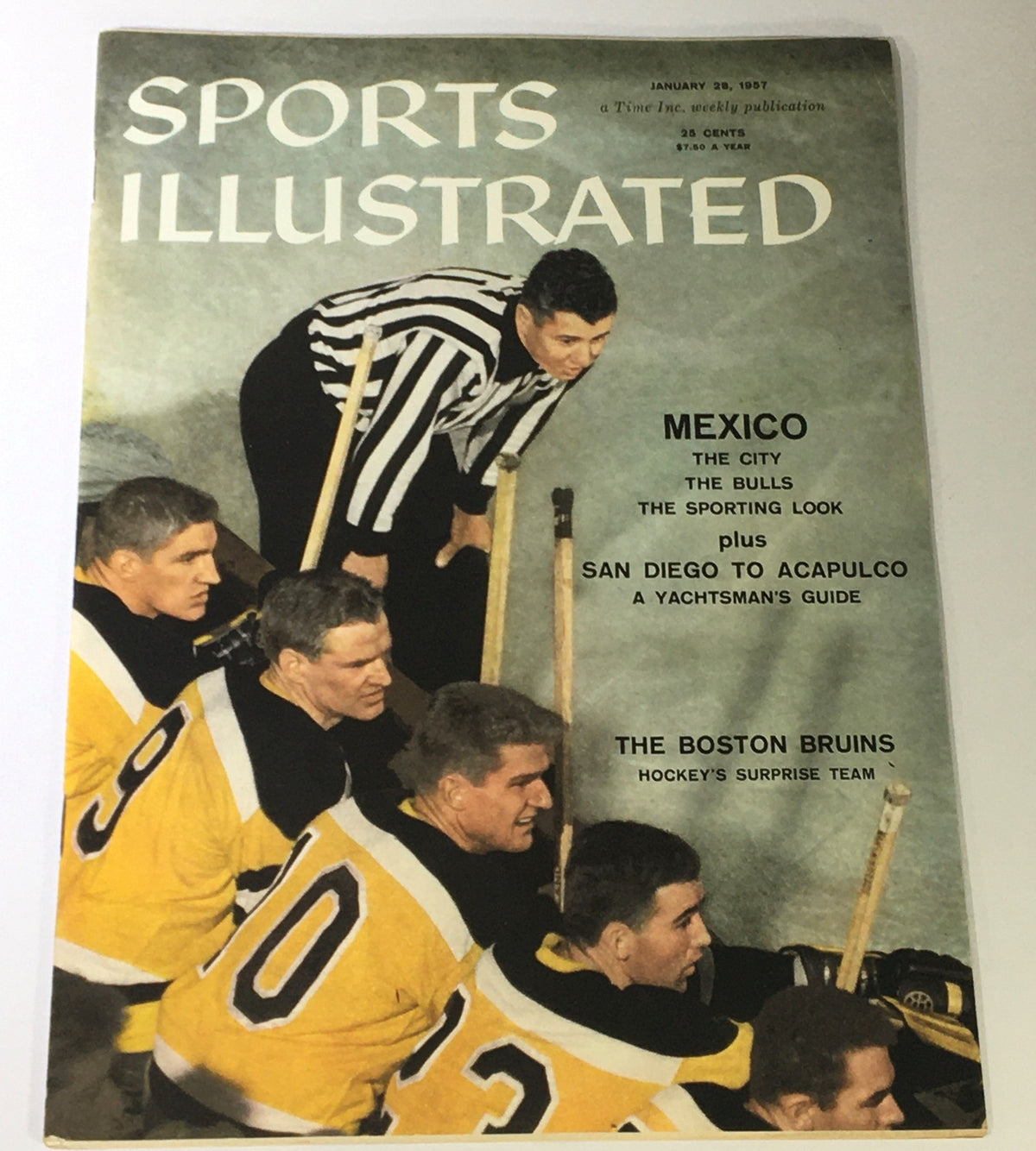 Vintage Sports Illustrated magazine cover from January 28, 1957, featuring the Boston Bruins, showcasing a classic hockey moment with players in yellow jerseys and a referee.