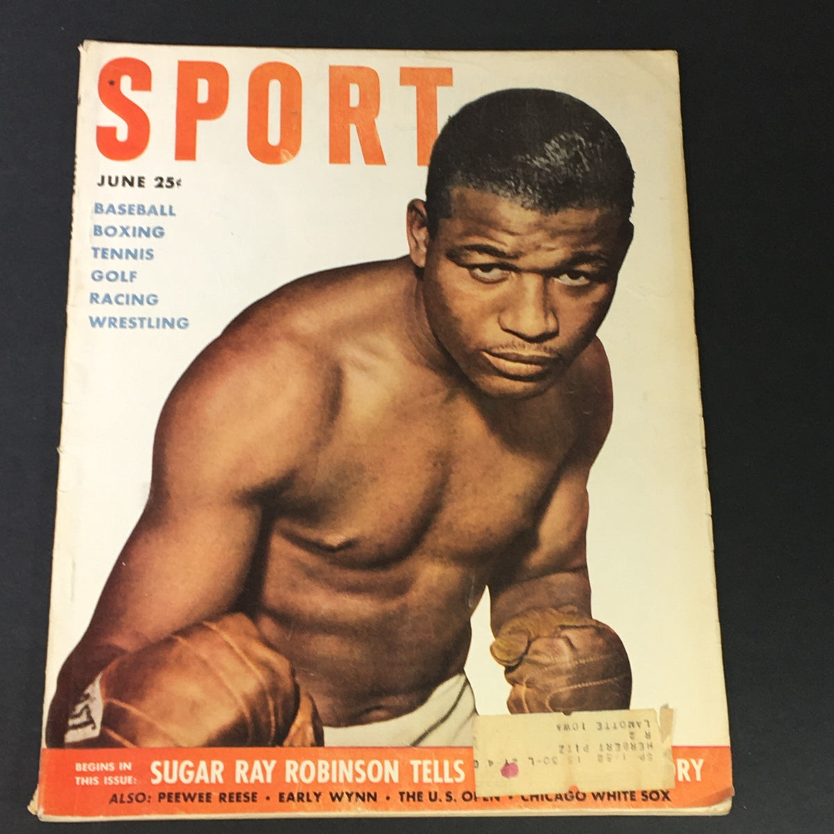Cover of the June 1951 issue of VTG Sport Magazine featuring Sugar Ray Robinson in boxing gloves. This vintage magazine includes articles on baseball, boxing, tennis, golf, racing, and wrestling.