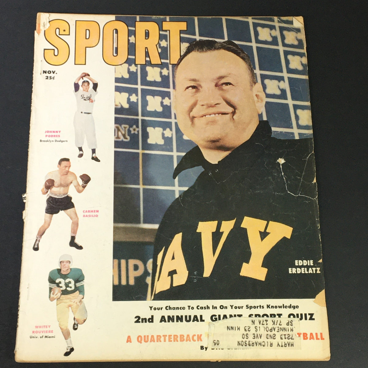 Front cover of VTG Sport Magazine November 1955 featuring Eddie Erdelatz along with images of Johnny Podres and Carmen Basilio, capturing mid-20th-century sports culture.