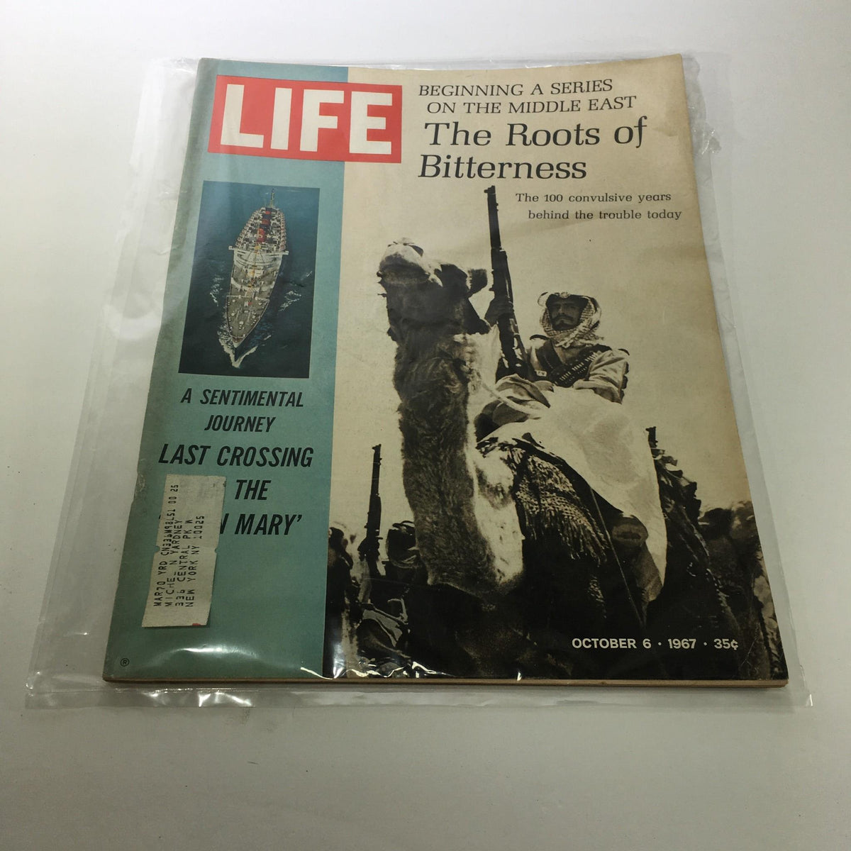 Cover of Life Magazine from October 6, 1967 featuring the title 'Beginning A Series on the Middle East: The Roots of Bitterness'. It includes a prominent image of an Arab Rifleman on a camel, showcasing vintage design elements and capturing the historical context of Middle Eastern geopolitics in the late 1960s.