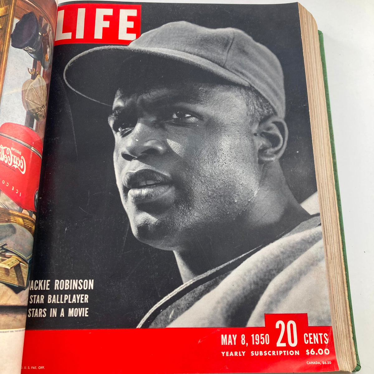 Interior page of the vintage 1950 bound LIFE magazine showing Jackie Robinson on the cover of the May 8, 1950 issue, highlighting his impact on sports and civil rights.
