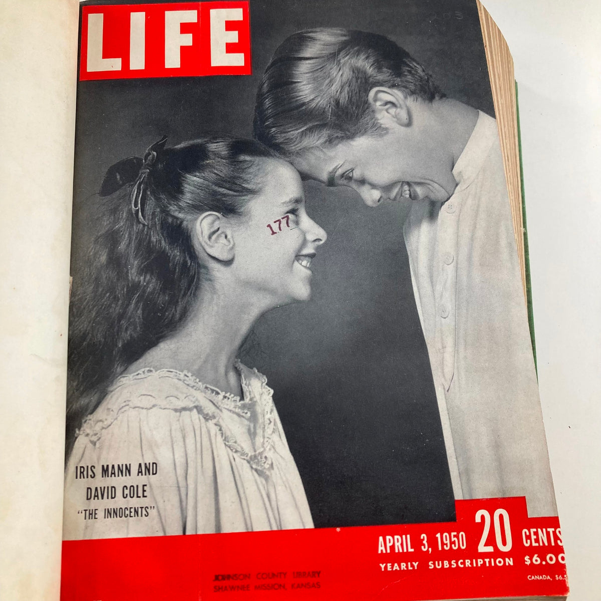 Interior page of the vintage 1950 bound LIFE magazine featuring the cover of April 3, 1950, displaying a photograph of Iris Mann and David Cole from the article 'The Innocents'.