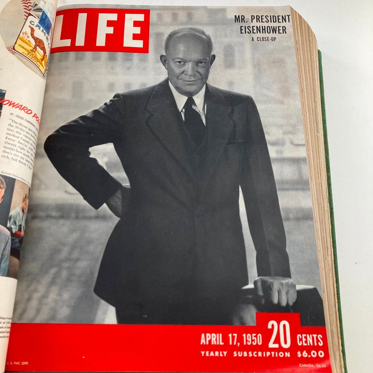 Vintage 1950 Bound Life Magazine April 17 issue featuring President Dwight D. Eisenhower in a close-up portrait, representing significant historical context.