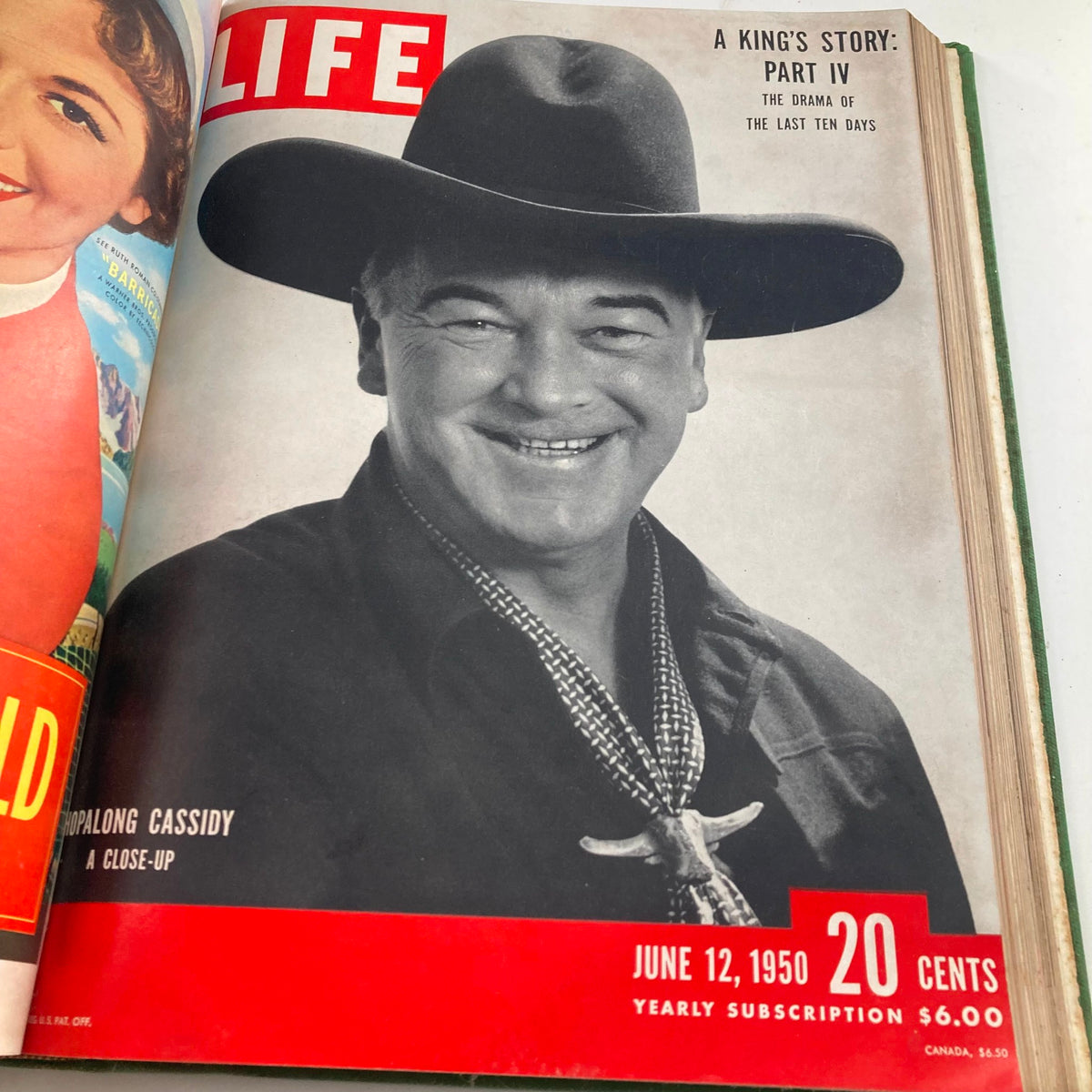 Vintage 1950 Bound Life Magazine, cover featuring Hopalong Cassidy with a close-up shot, dated June 12, 1950.