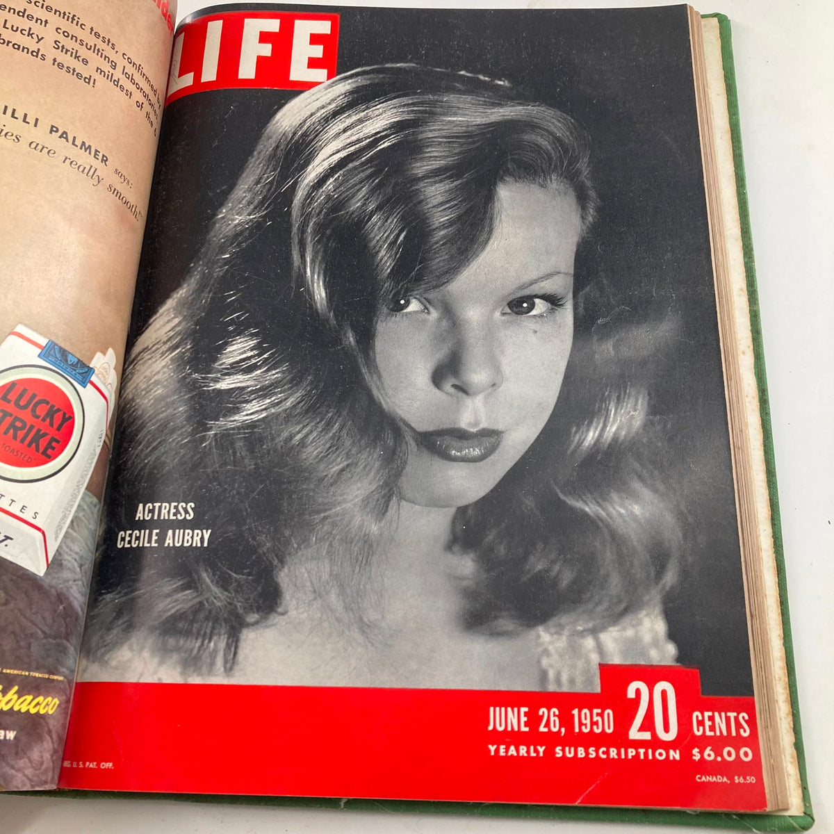Cover of the VTG 1950 Bound Life Magazine featuring actress Cecile Aubry from June 26, 1950, showcasing iconic photography and historical moments.