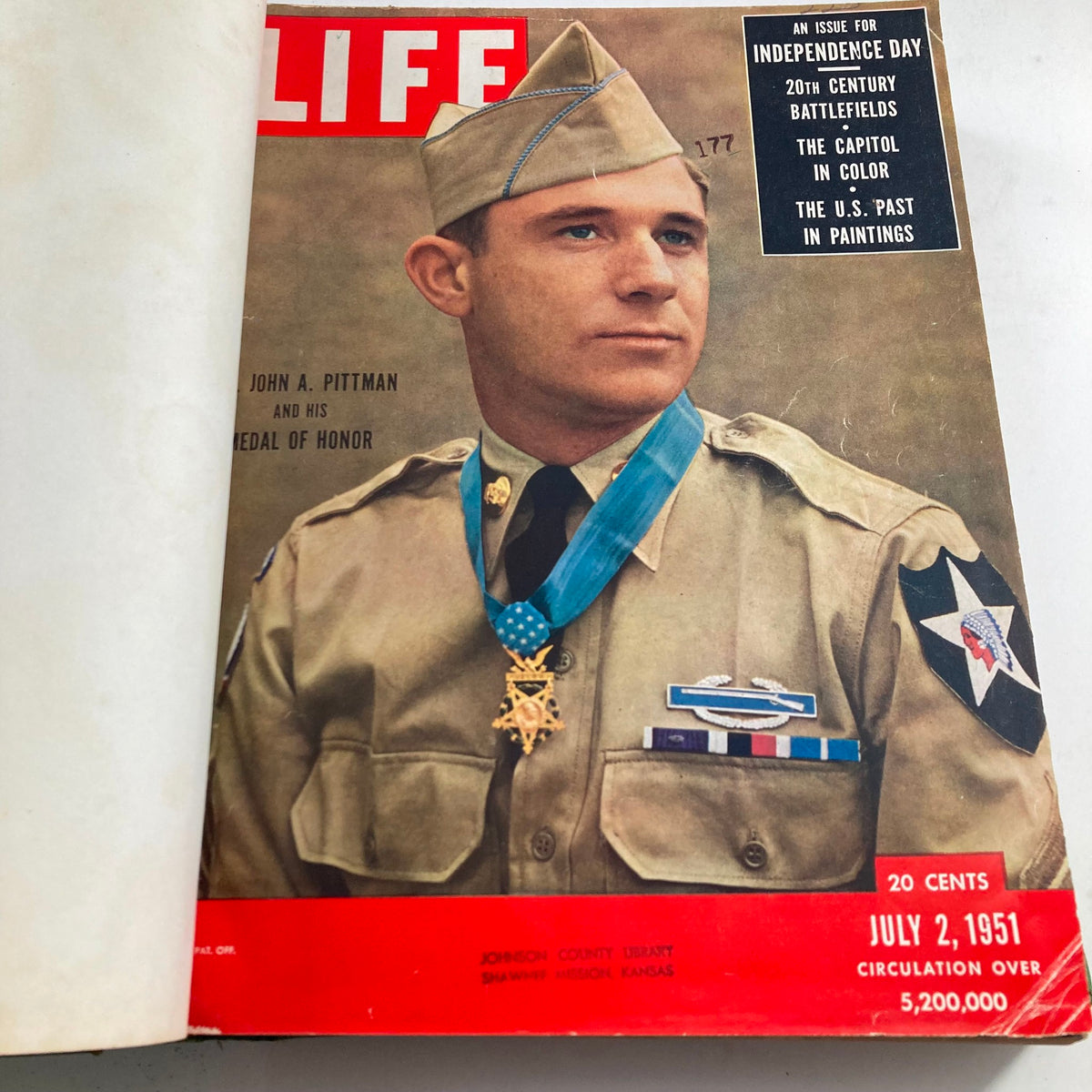 July 2, 1951 edition of the VTG 1951 Bound Life Magazine featuring Sgt. John A. Pittman with his Medal of Honor on the cover.