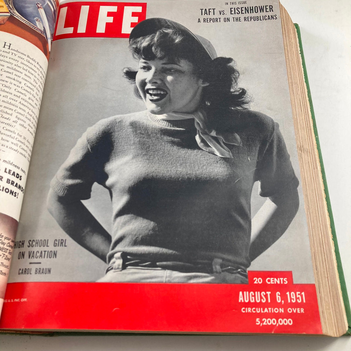 VTG 1951 Bound Life Magazine Cover featuring Carol Braun, August 6, 1951 issue, capturing youthful spirit and summer trends of the 1950s.