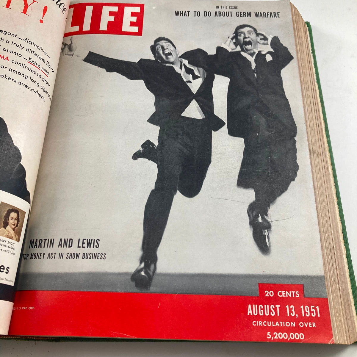 VTG 1951 Bound Life Magazine Cover featuring Dean Martin and Jerry Lewis, August 13, 1951 issue, celebrating the comedic duo's impact on American culture.