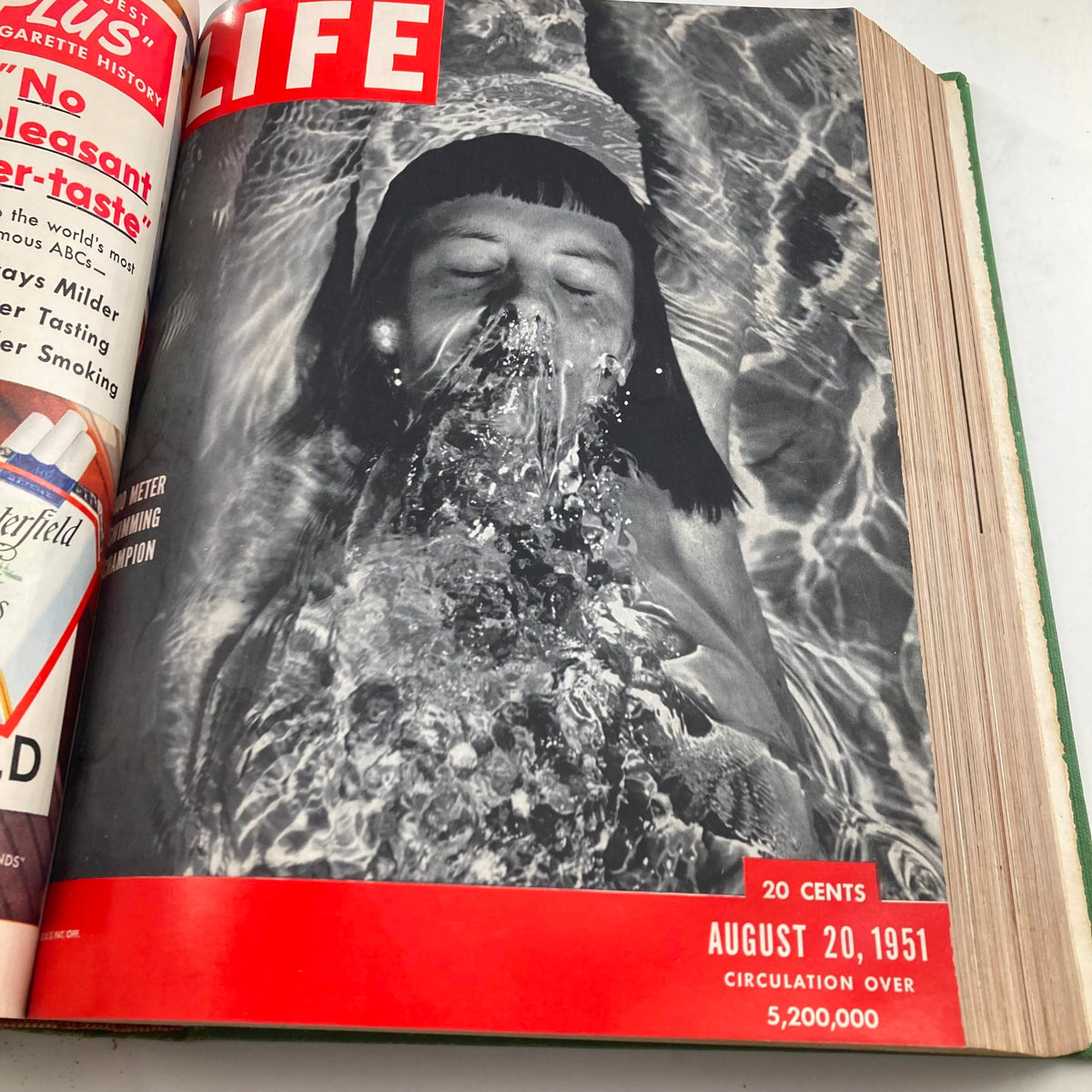 VTG 1951 Bound Life Magazine Cover featuring a swimmer on the August 20, 1951 issue, showcasing mid-20th-century American culture.