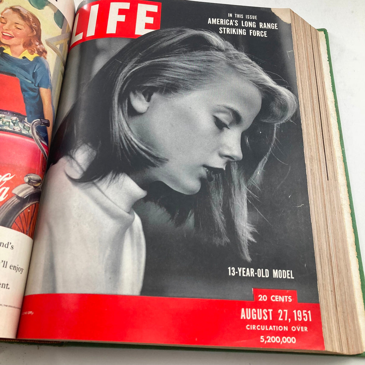VTG 1951 Bound Life Magazine Cover displaying a 13-year-old model on the August 27, 1951 issue, reflecting fashion trends of the time.