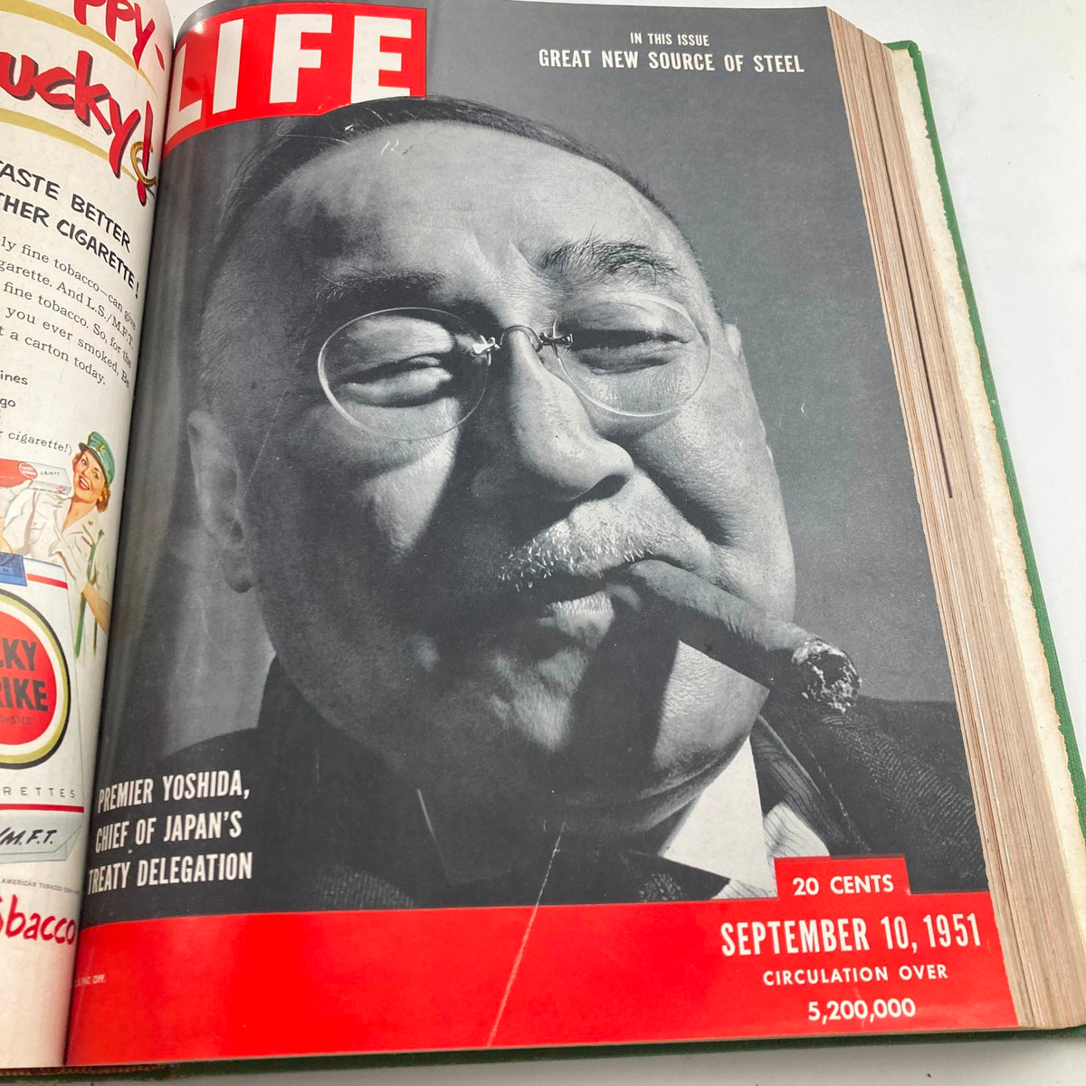 VTG 1951 Bound Life Magazine Cover featuring Premier Yoshida of Japan on the September 10, 1951 issue, presenting significant historical figures.