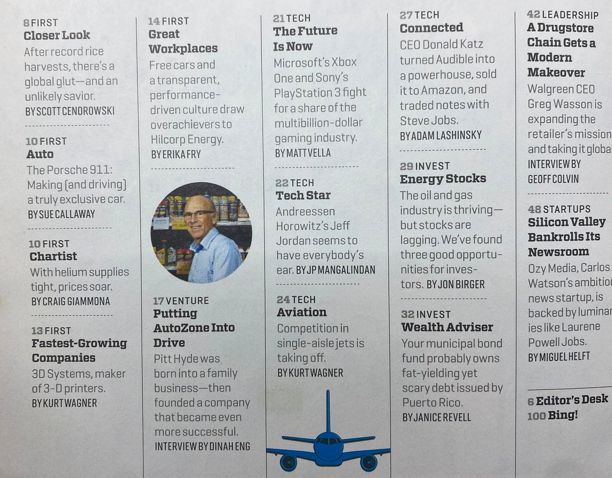 Inside pages of Fortune Magazine August 12, 2013 showcasing various articles including 'Great Workplaces' and 'Tech Star', reflecting digital media trends and innovative companies.