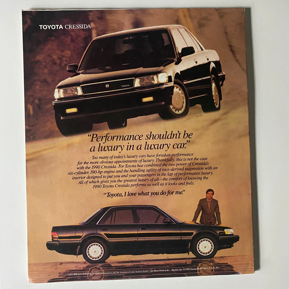 Advertisement for the 1990 Toyota Cressida in Fortune Magazine dated June 18, 1990, emphasizing performance in luxury vehicles with a tagline about performance and luxury.