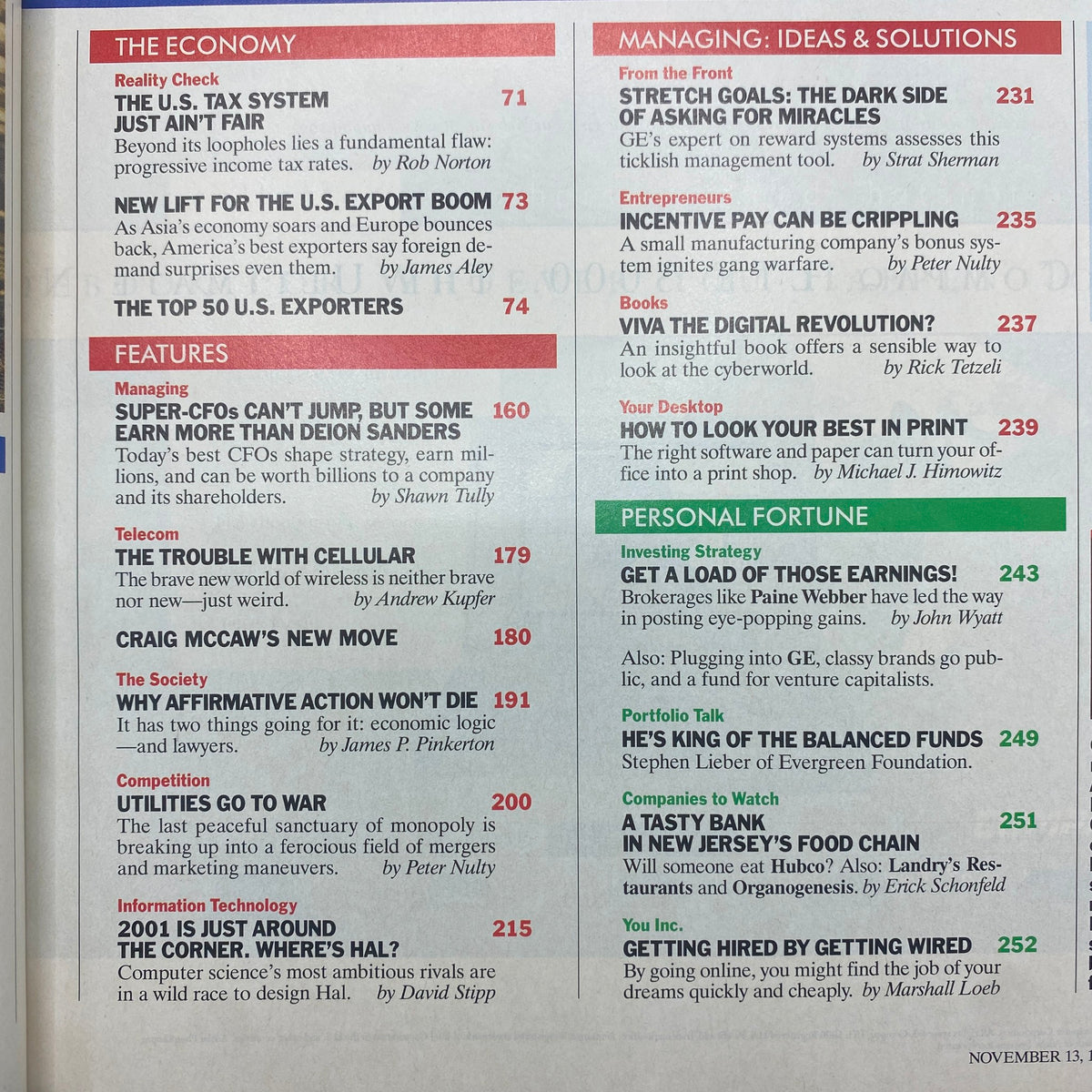 Contents page of Fortune Magazine November 13, 1995, including articles on the U.S. tax system, export boom, and managing strategies for business leaders.