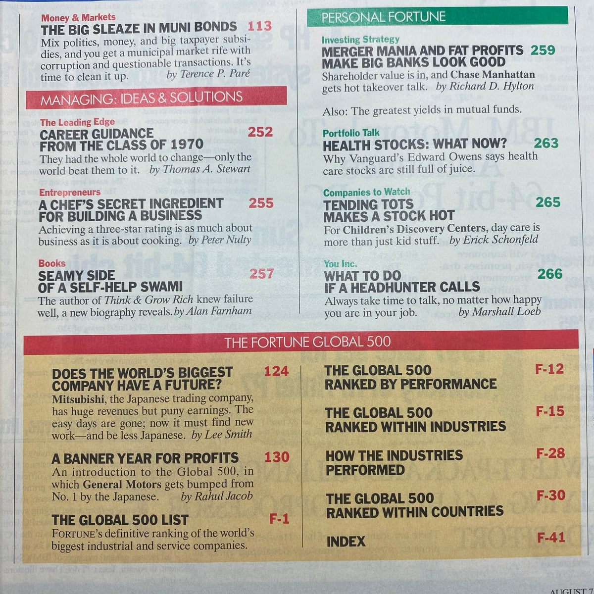 Table of contents from Fortune Magazine August 7, 1995 featuring articles like 'Money & Markets' and 'Personal Fortune', highlighting various financial insights and trends.