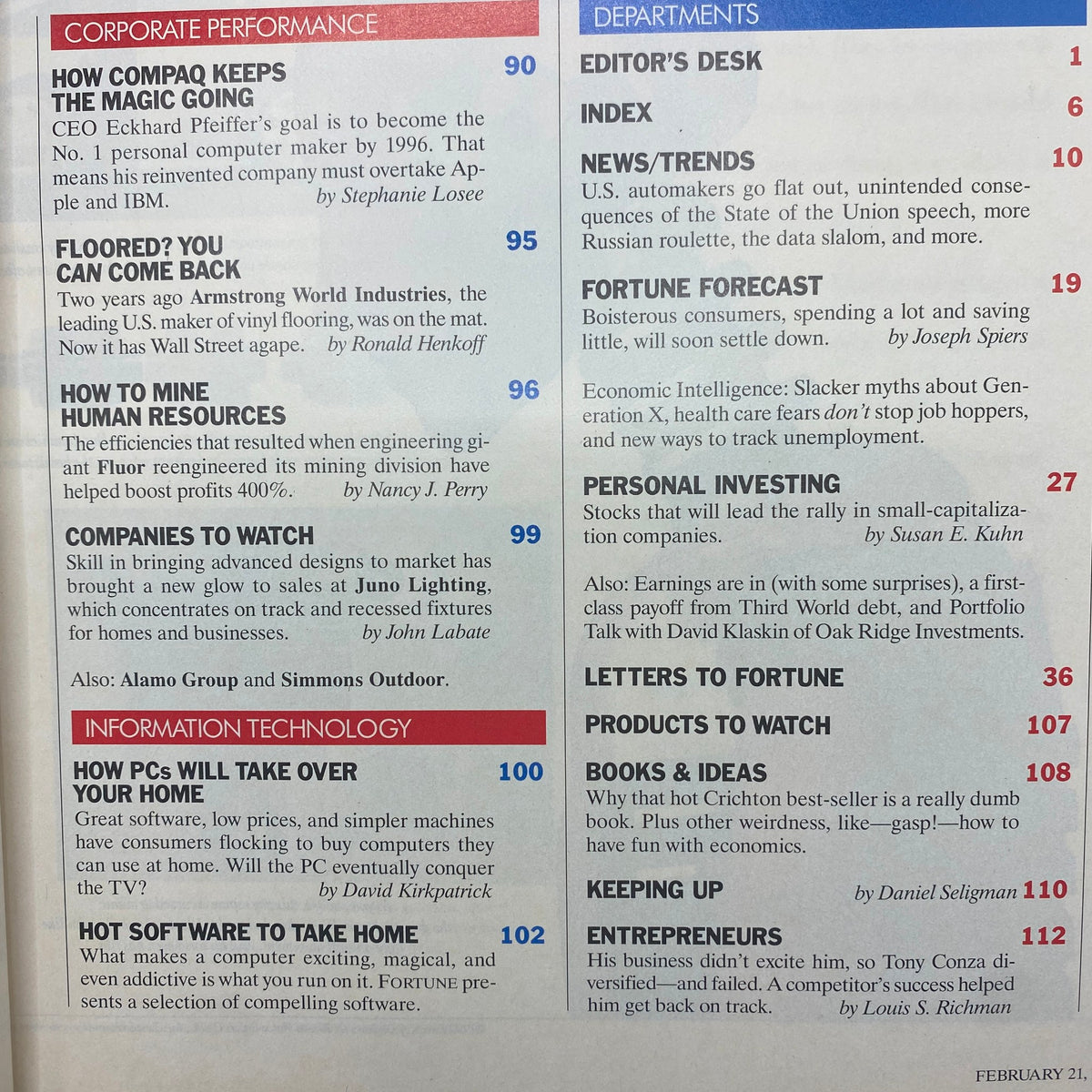 Interior page of Fortune Magazine February 21, 1994, displaying an index and article summaries, including insights on corporate performance and technology, related to the theme 'The New Post-Heroic Leadership'.