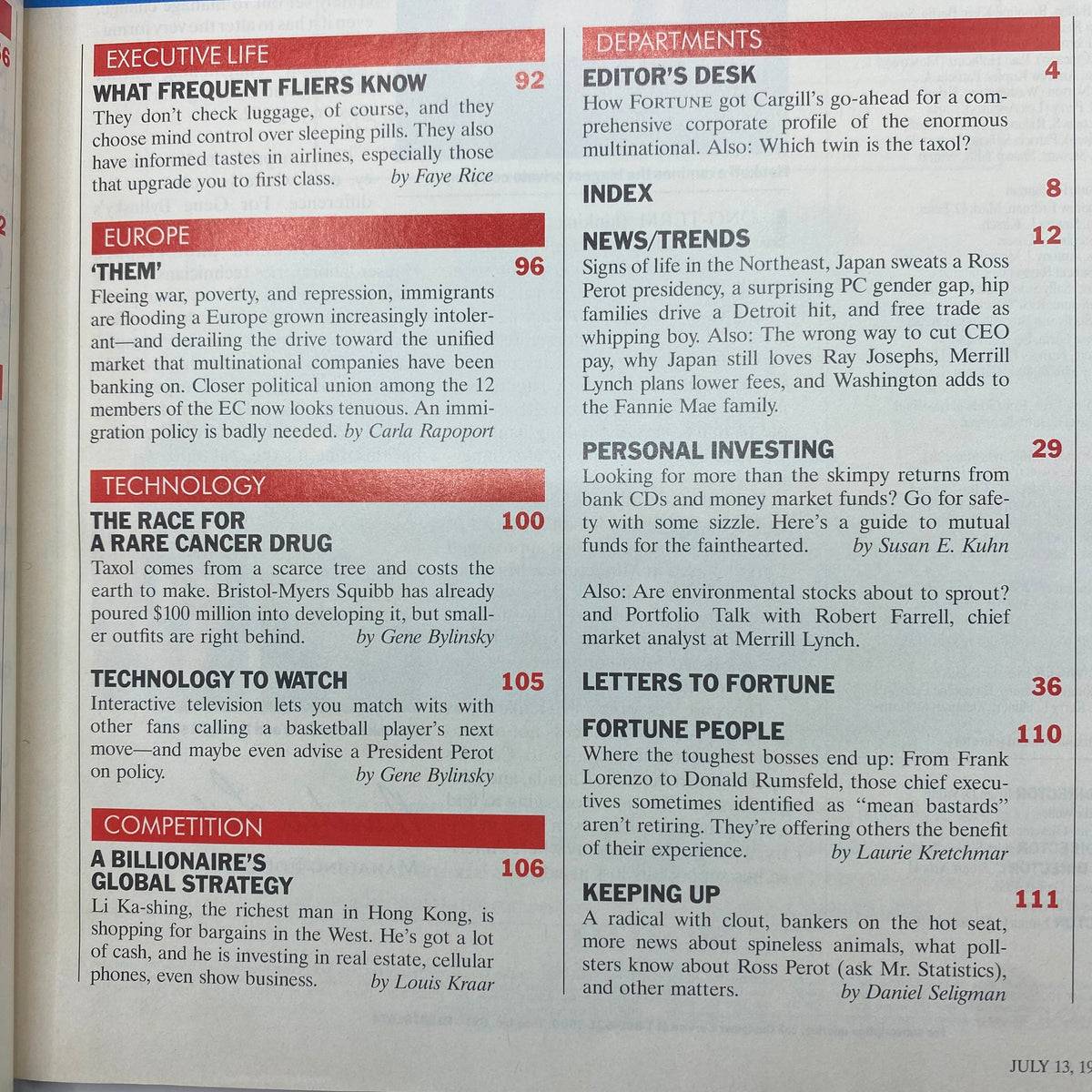 A page from Fortune Magazine dated July 13, 1992, outlining articles including 'What Frequent Fliers Know,' 'The Race for a Rare Cancer Drug,' and other key topics from the issue.