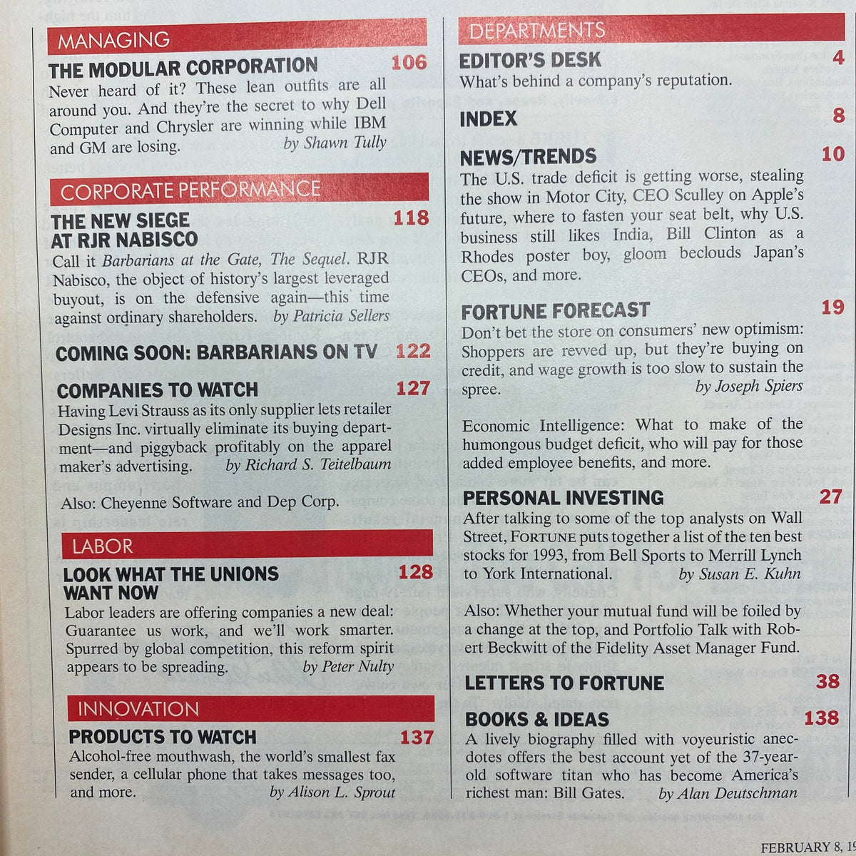 Table of contents from Fortune Magazine February 8, 1993, highlighting articles on corporate performance and key insights into the business landscape.