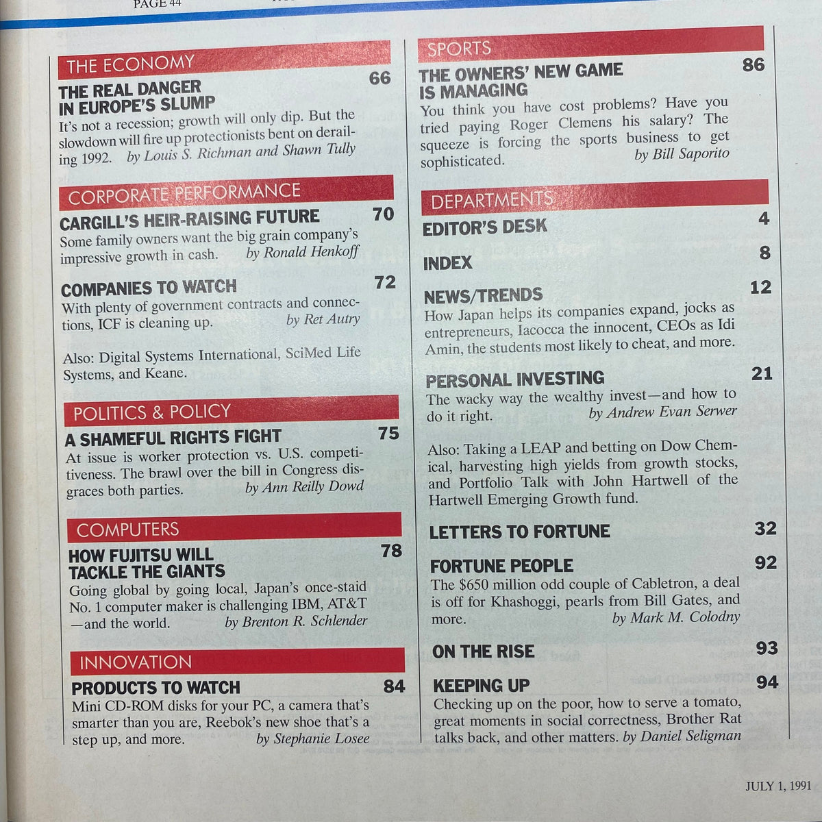 Table of contents from Fortune Magazine, July 1, 1991. Lists various articles and topics including economic analysis and corporate performance.