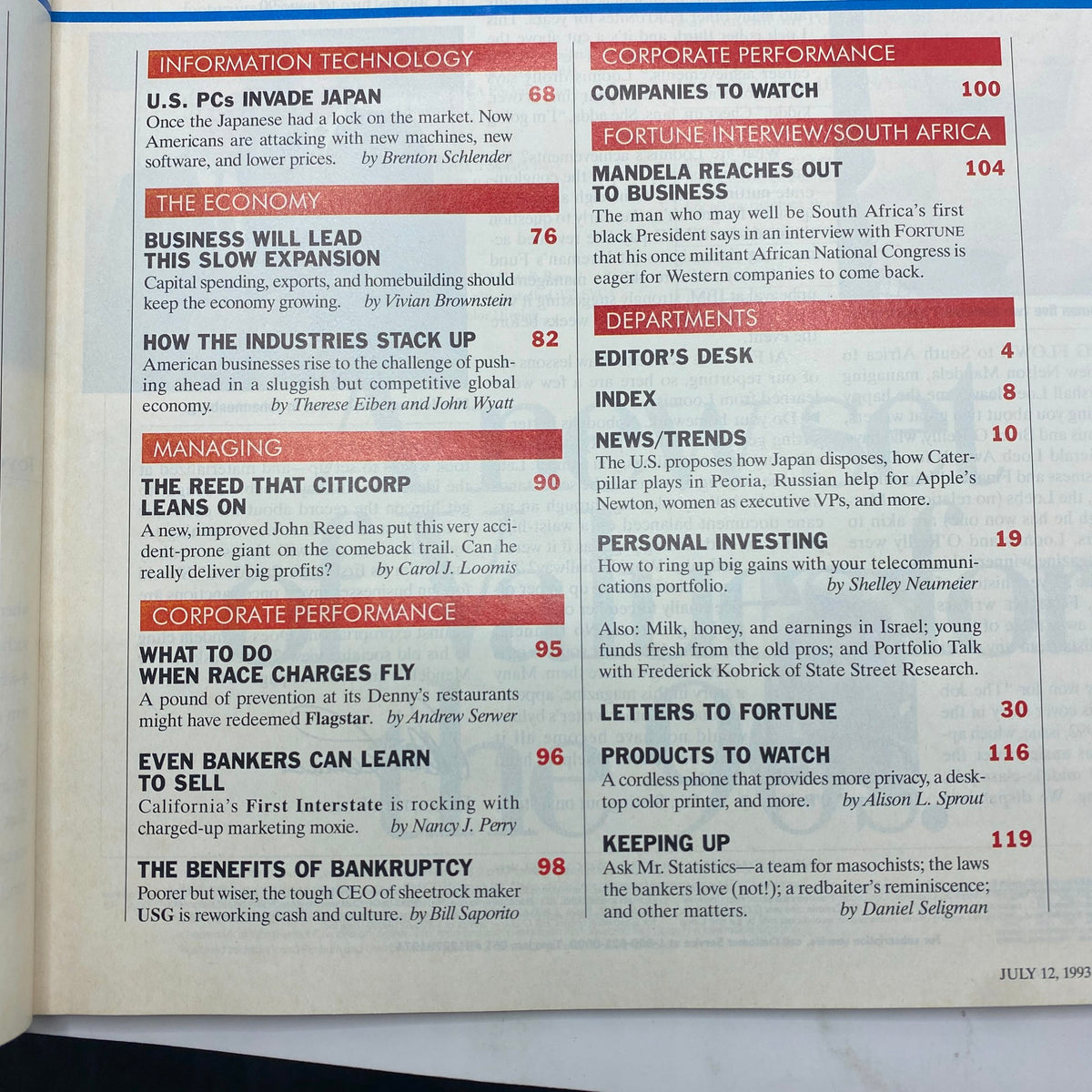 Contents page of Fortune Magazine July 12, 1993 highlighting articles on various topics including economic trends, technology, and corporate performance, with sections dedicated to managing and the job market.