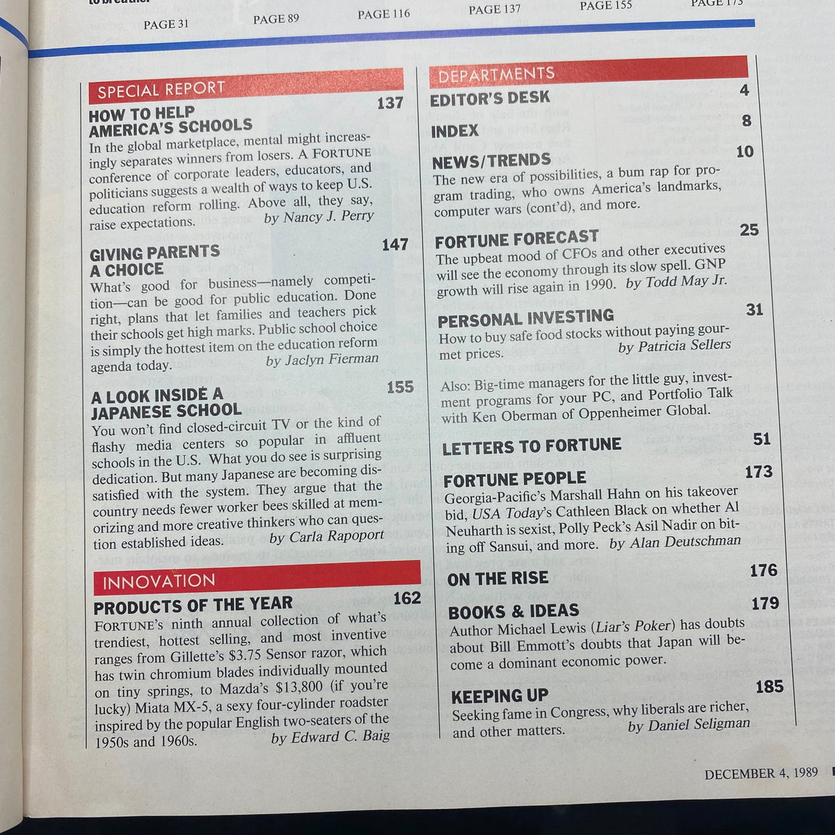 Page from Fortune Magazine December 4, 1989, listing articles including 'How to Help America's Schools' and 'Products of the Year', relevant to educational reforms and innovative products of the era.