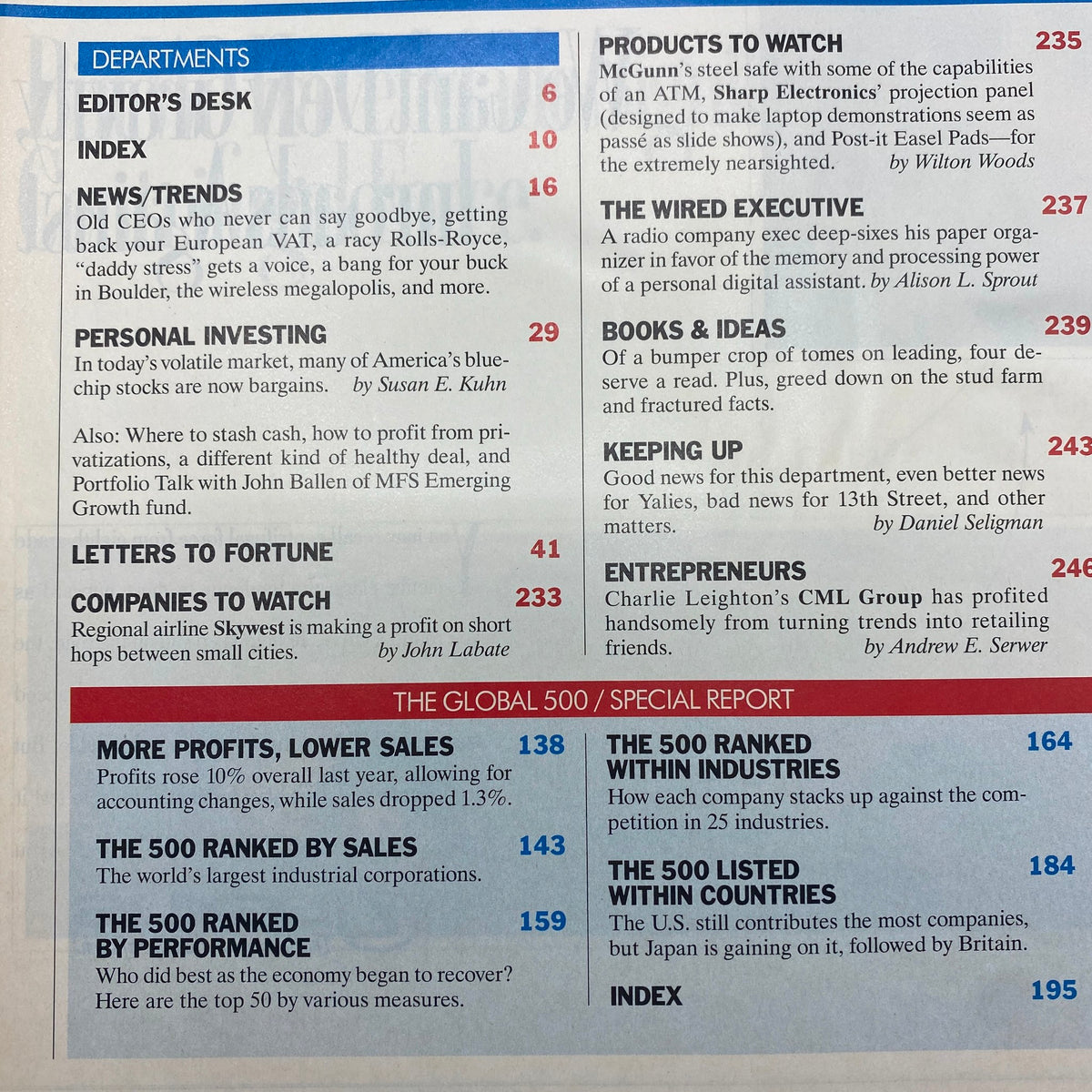 Inside page of Fortune Magazine from July 25, 1994, displaying the table of contents including sections on personal investing and companies to watch.