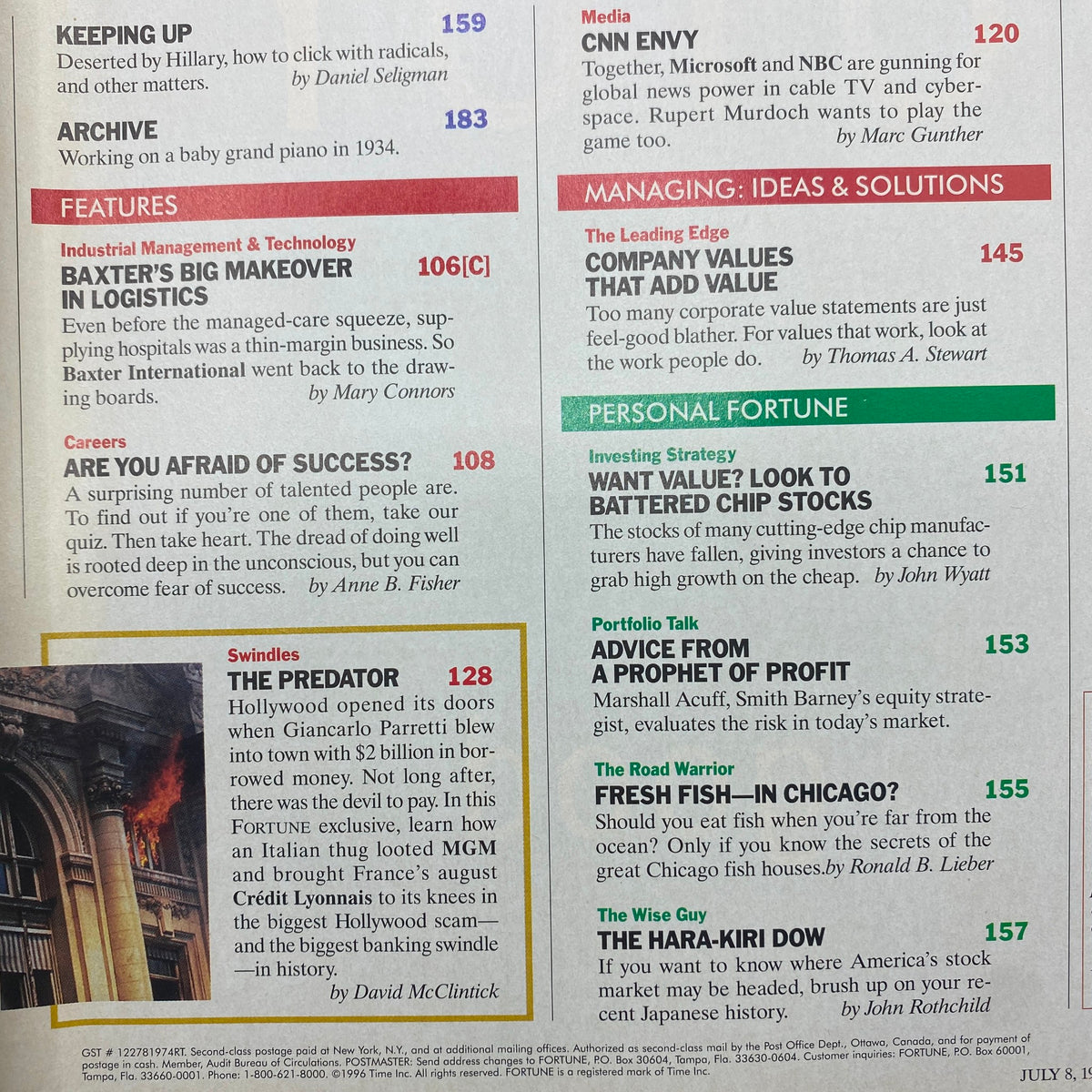 A page from the July 8, 1996 Fortune Magazine, listing articles and features including 'Company Values that Add Value' and 'Advice from a Prophet of Profit,' displaying the magazine's focus on technology and business insights.