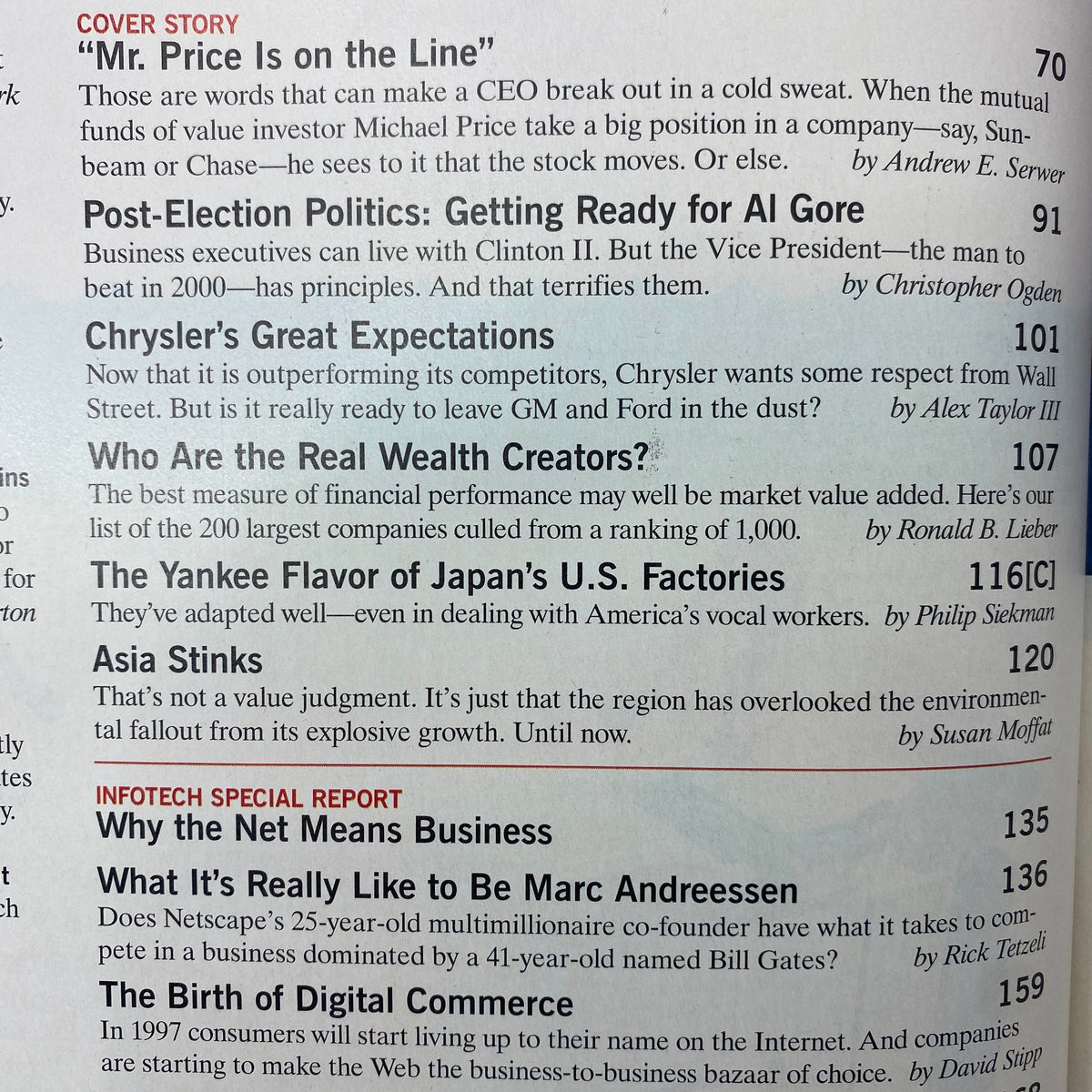 Inside content of Fortune Magazine December 9, 1996, showcasing articles on economic topics including 'Post-Election Politics' and 'The Yankee Flavor of Japan's U.S. Factories'.