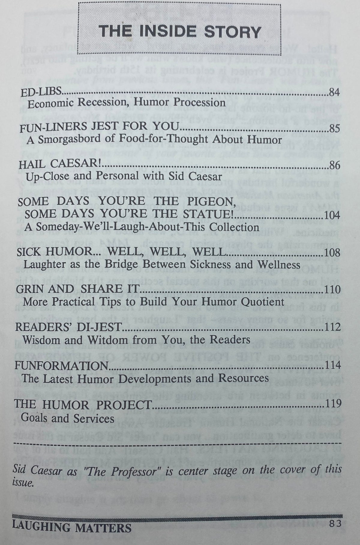 Inside page of Laughing Matters Volume 8 Number 3 showcasing the contents, including articles and features centered around humor and the iconic Sid Caesar.