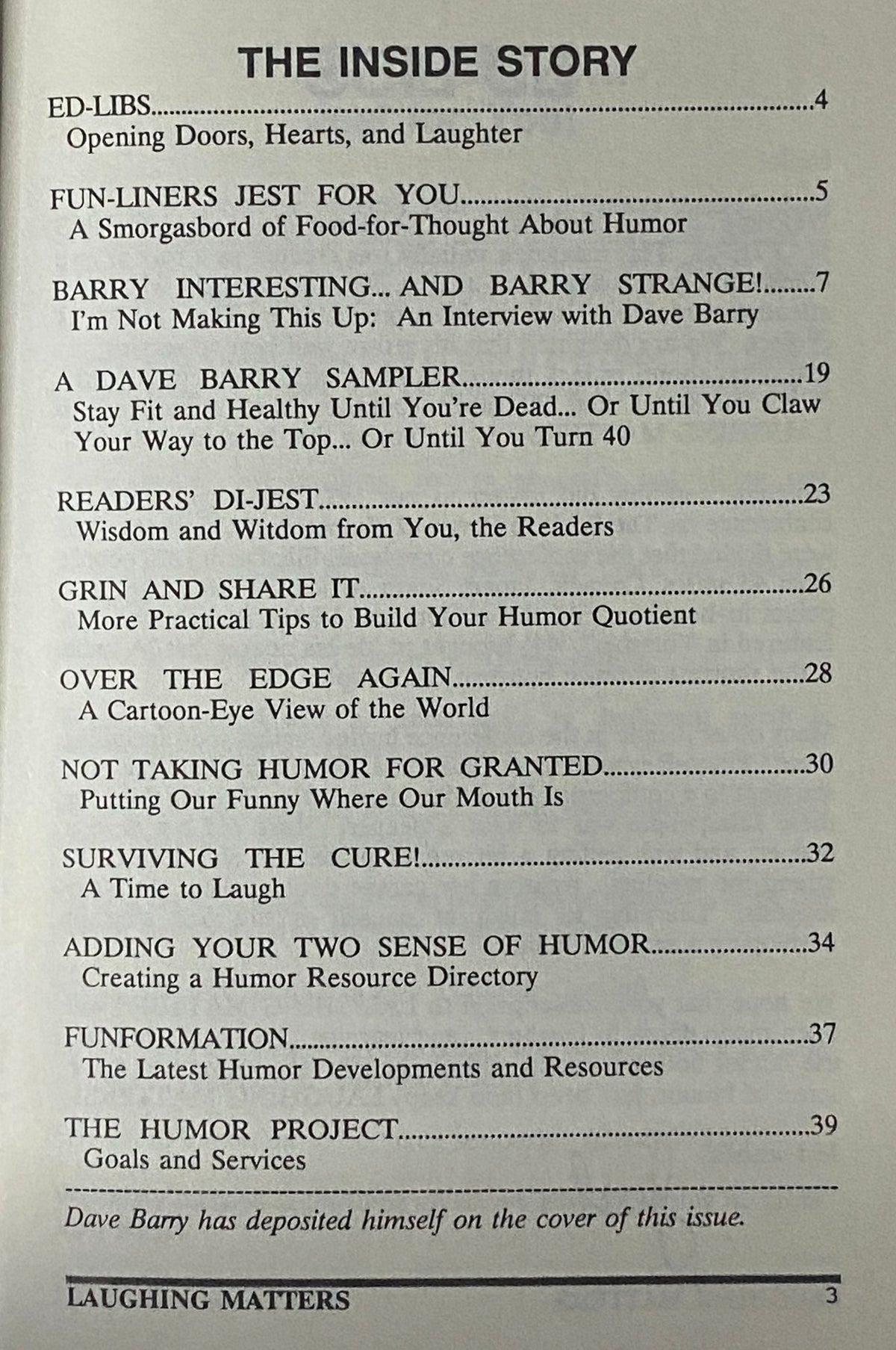 Table of contents page from Laughing Matters Volume 8 Number 1, highlighting articles and interviews, including one with humorist Dave Barry.