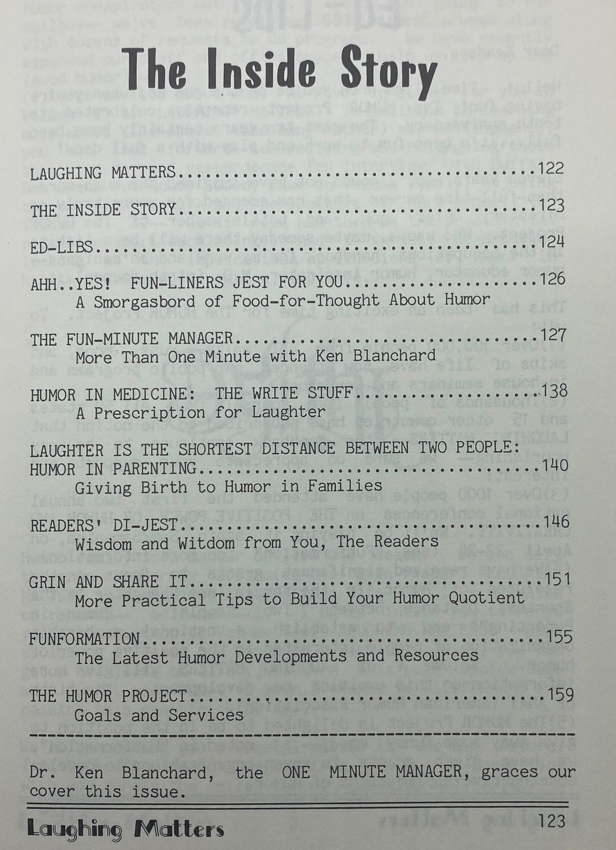 Table of contents from Laughing Matters Volume 4 Number 4, showcasing section titles and topics related to humor and management.
