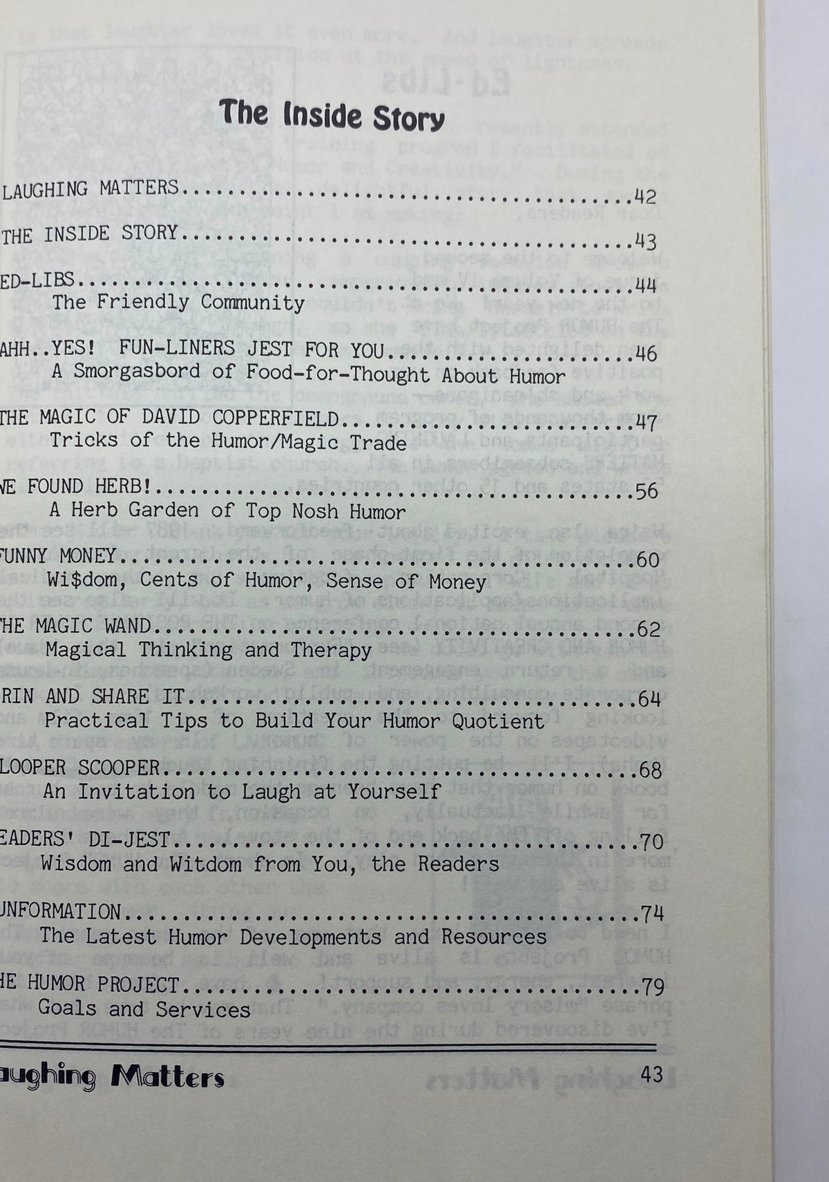 Table of contents for Laughing Matters Volume 4 Number 2, highlighting various sections including The Inside Story and features on humor, magic, and practical tips.
