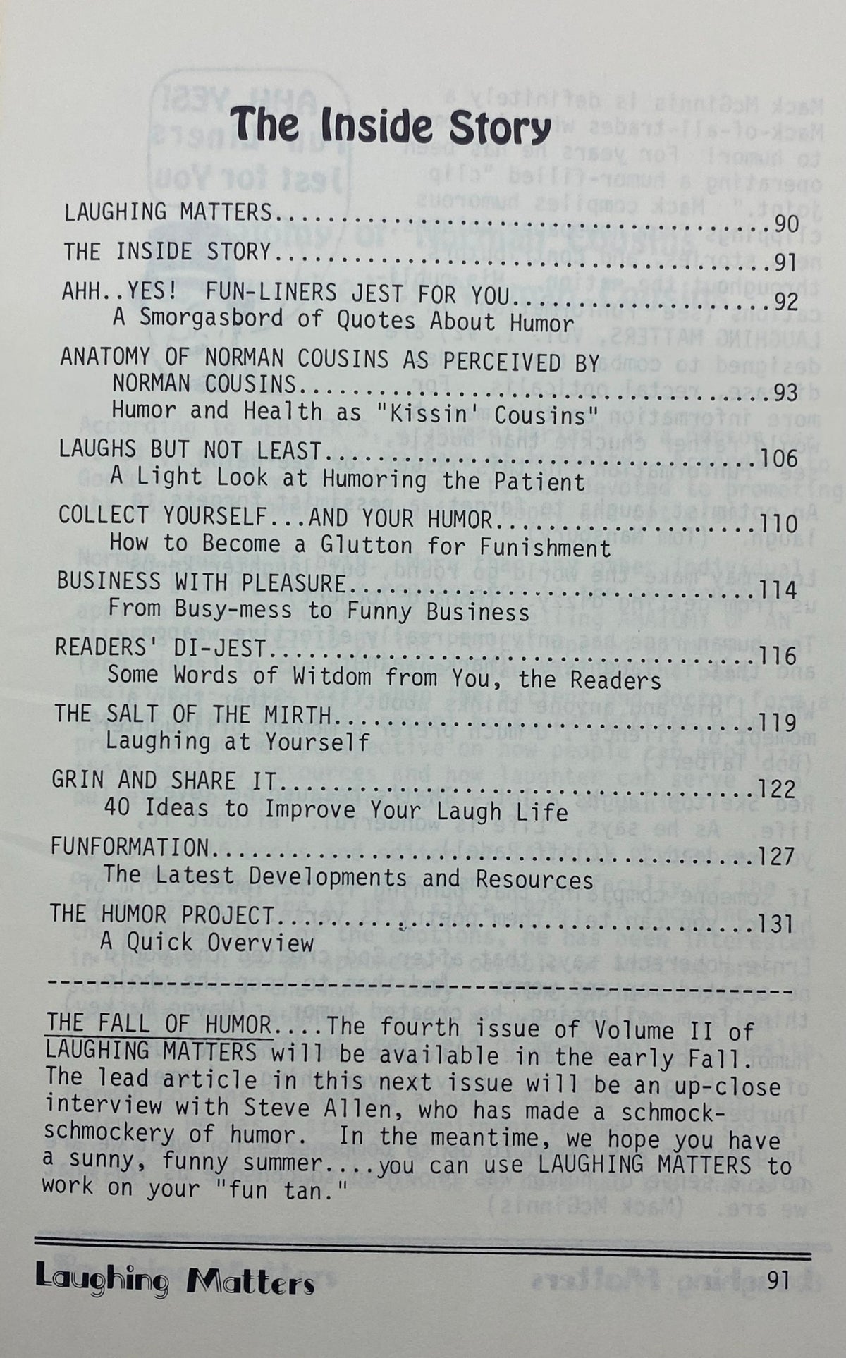 Interior page of Laughing Matters Volume 2 Number 3 showcasing 'The Inside Story', including topics like humor's therapeutic effects and engaging segments.