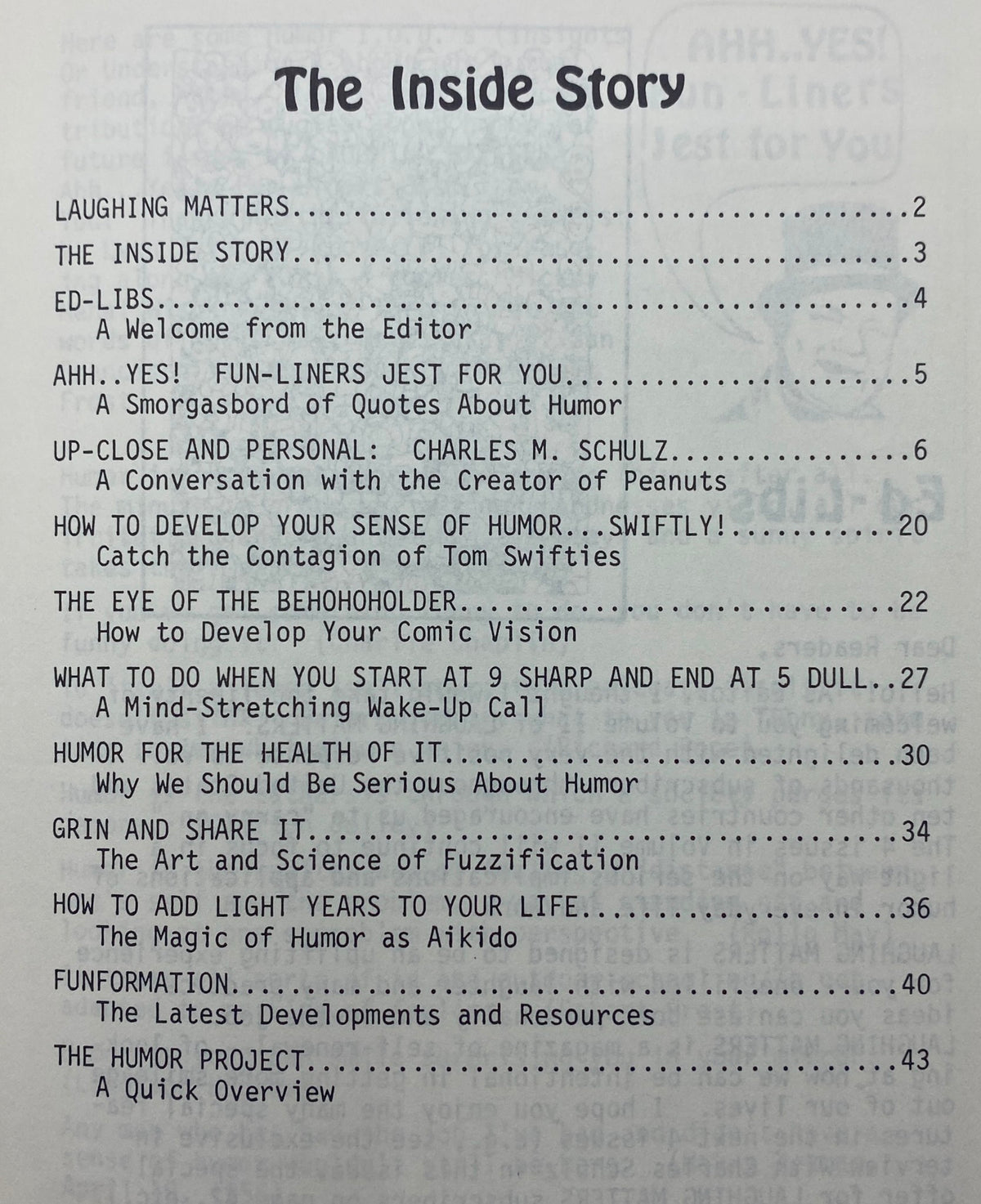 Contents page of Laughing Matters Volume 2 Number 1, listing articles about humor and insights on Charles M. Schulz.