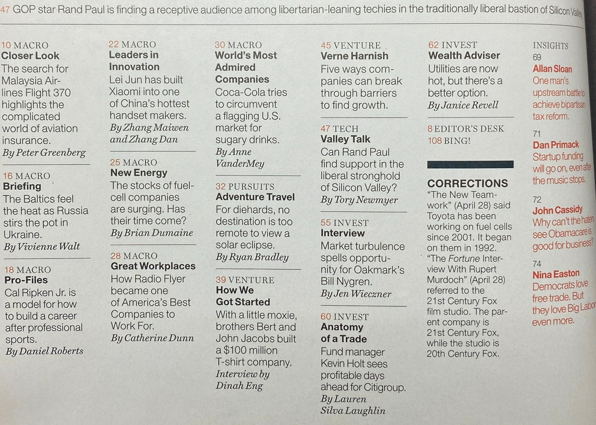 Interior page of Fortune Magazine, May 19, 2014, showcasing articles including 'Closer Look,' 'Leaders in Innovation,' and content about Malaysia Airlines Flight 370.