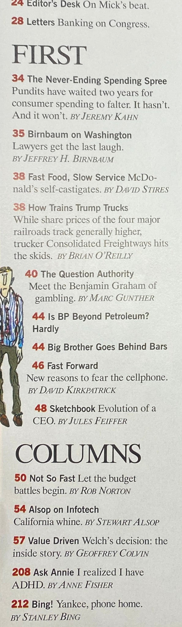Page inside Fortune Magazine featuring articles including 'The Never-Ending Spending Spree' and 'Fast Food, Slow Service' along with a section on various column topics, dated September 30, 2002.