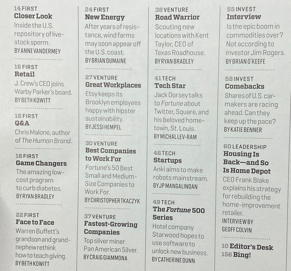 Table of contents from Fortune Magazine October 7, 2013, highlighting various articles including 'The Best Companies to Work For' and 'Venture's Fastest-Growing Companies'; featuring Jack Dorsey.