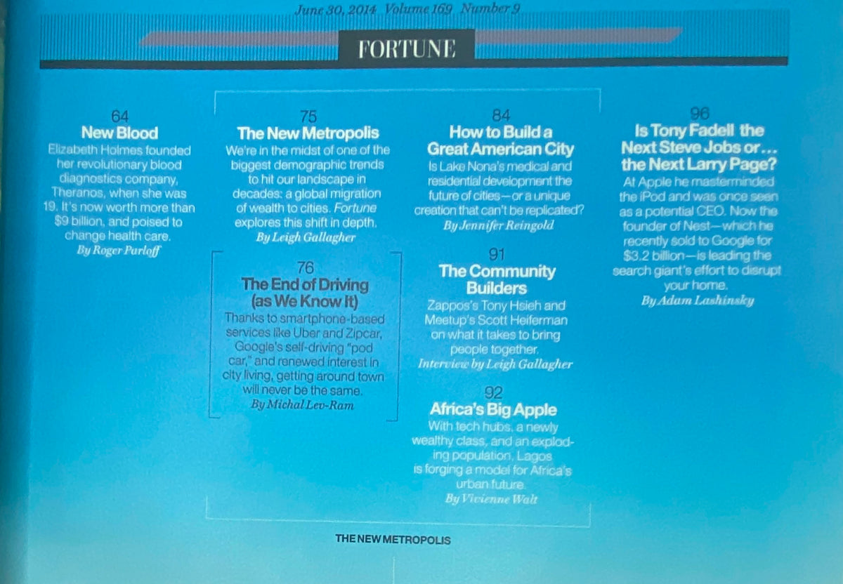 Interior page of Fortune Magazine June 30, 2014, showcasing various articles on themes like urban migration and driving trends, alongside the feature on Elizabeth Holmes and Theranos.