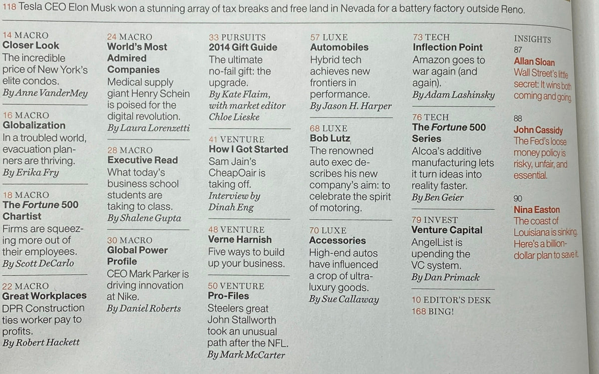 Fortune Magazine December 1, 2014 featuring a detailed editorial page showcasing insights on Tesla CEO Elon Musk, globalization trends, and stories about the world's most admired companies.