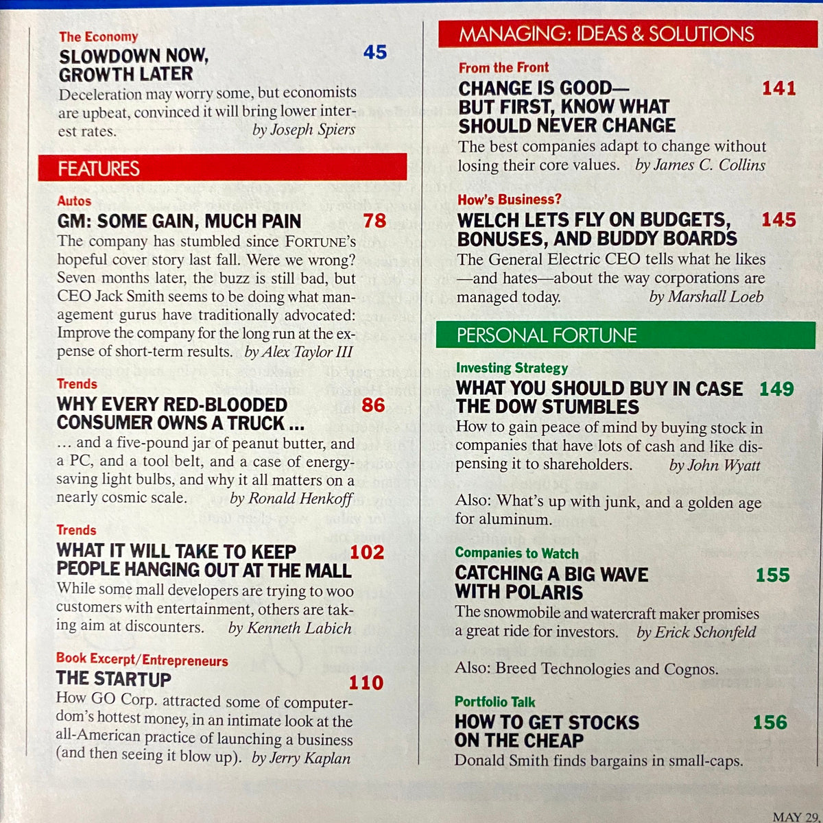 Contents page of Fortune Magazine May 29, 1995, detailing featured articles such as economic forecasts and consumer trends during the 1990s.